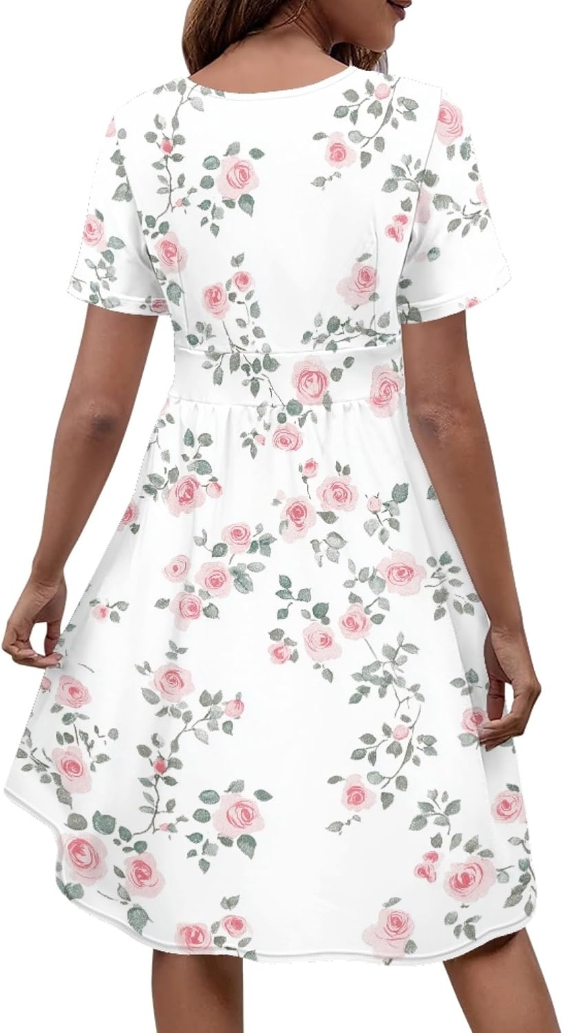 Easter Dress for Women 2025 Floral Print Short Sleeve V Neck A Line Empire Waist Casual Fashion Mini Dress - Image 2