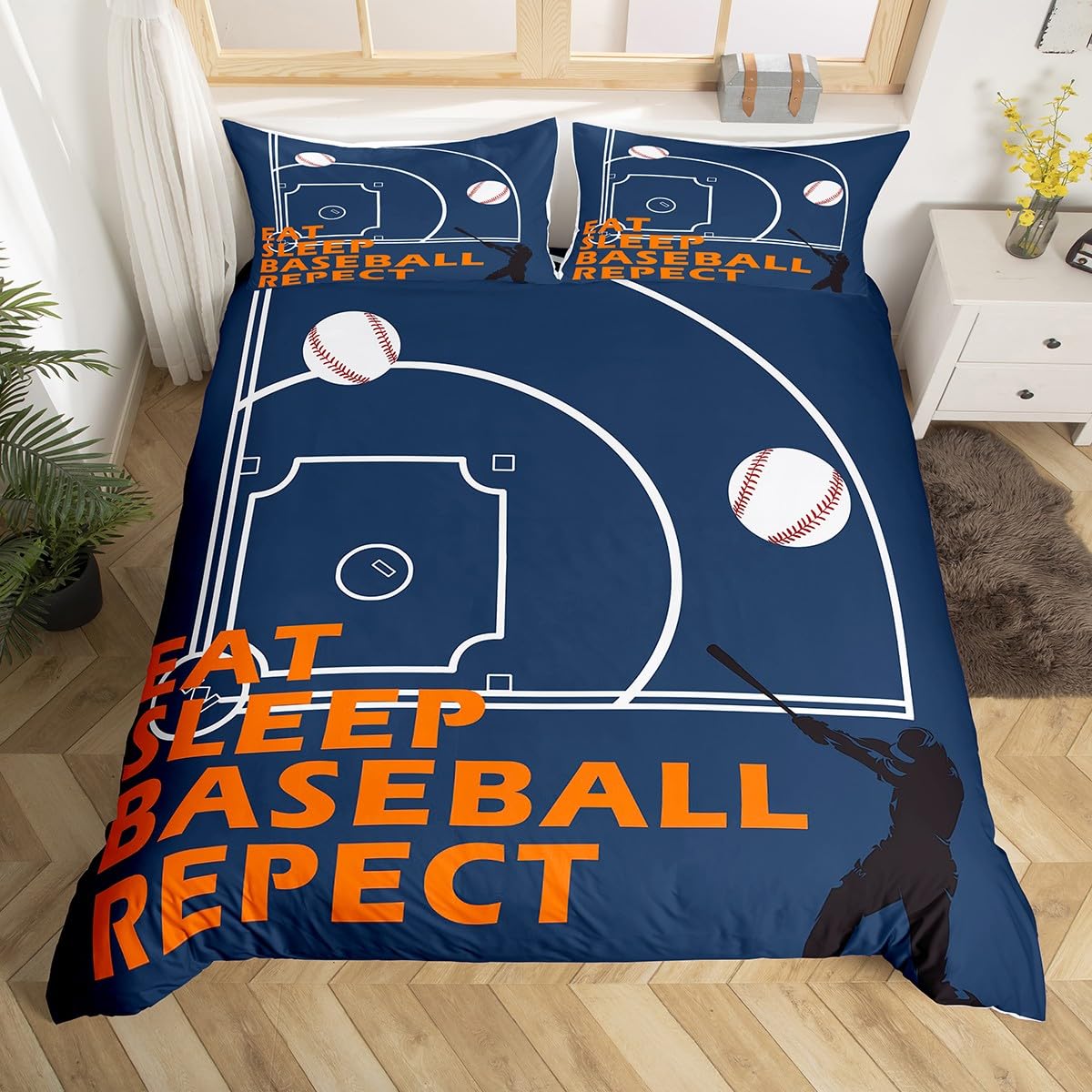 Castle Fairy Kids Baseball Duvet Cover Twin Size for Kids,Baseball Court Simple Style 2 Pcs Quilt Cover,Cartoon Player Silhouette Soft Bedding (Not Comforter),Sport Ball Game Comforter Cover