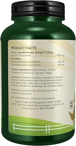 Miniatura 3 de NOW Pet Health, Suplemento Omega 3, formulado para gatos y perros, certificado NASC, 180 cápsulas blandas