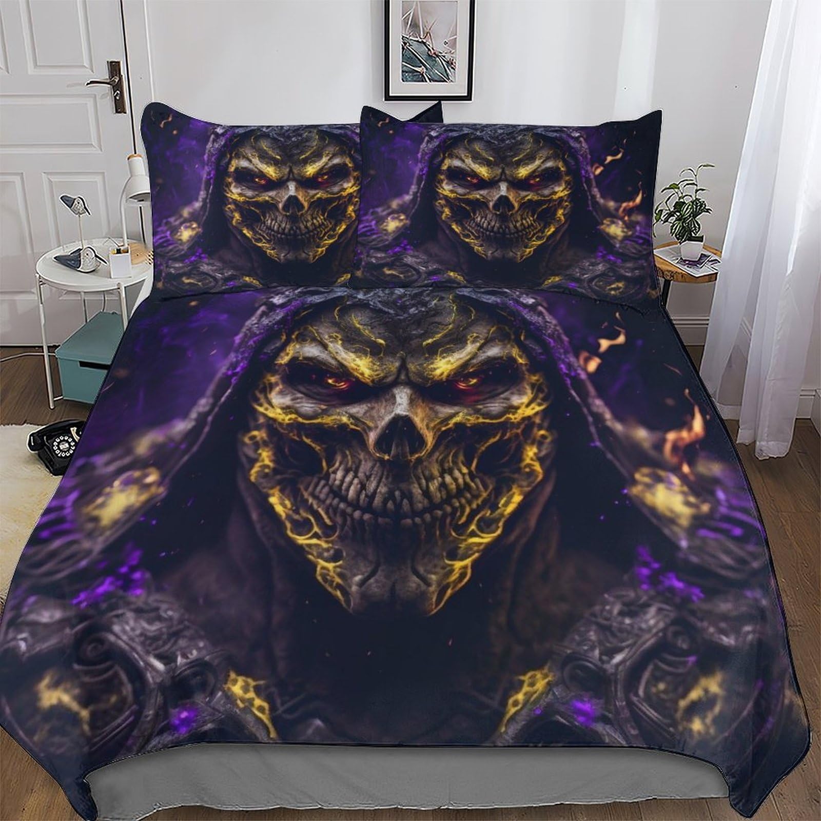 Housse de couette douce microfibre parure lit squelette en feu King 220x240cm respirante