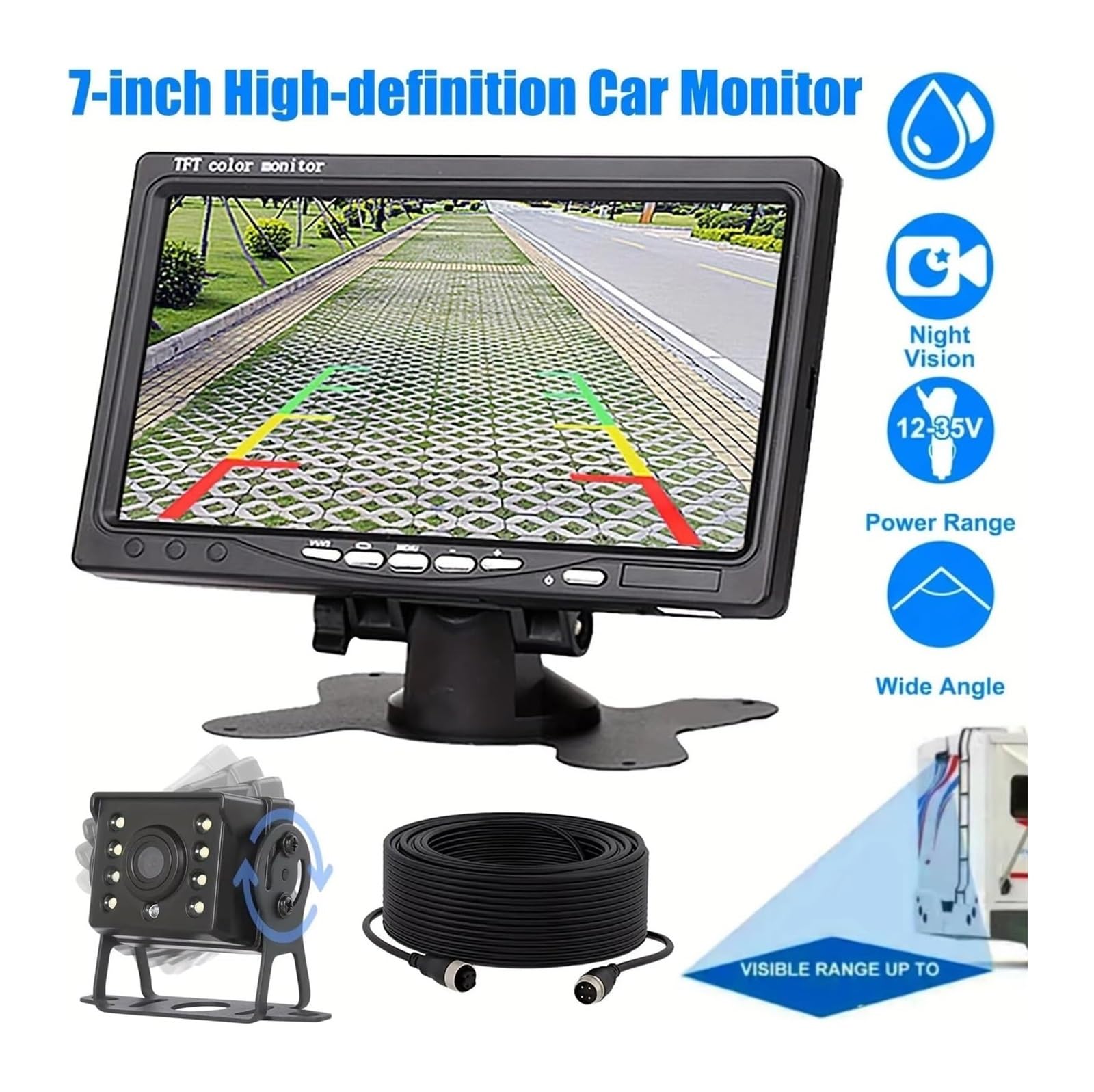 Monitor HD 7 Pulgadas Cámara Respaldo Visión Nocturna Kit Resistente para Vehículos Recreativos Camiones Remolques Incluye Cámara de Respaldo