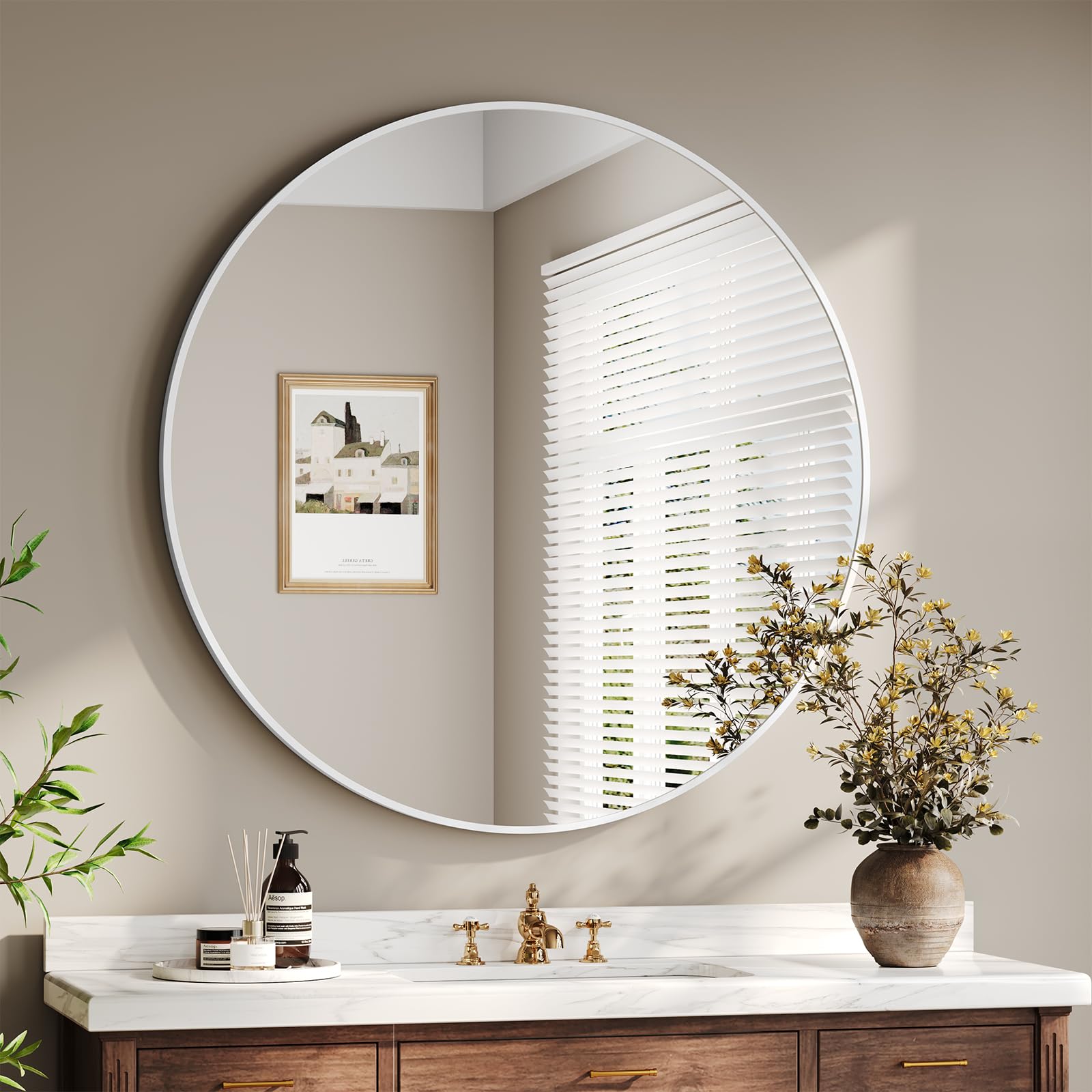 Dripex 80cm Round Wall Mirror, Aluminum Frame Tempered Glass Circle Mirror, Large Decorative Hanging Vanity Mirror for Bathroom, Hallway, Living Room & Bedroom, White