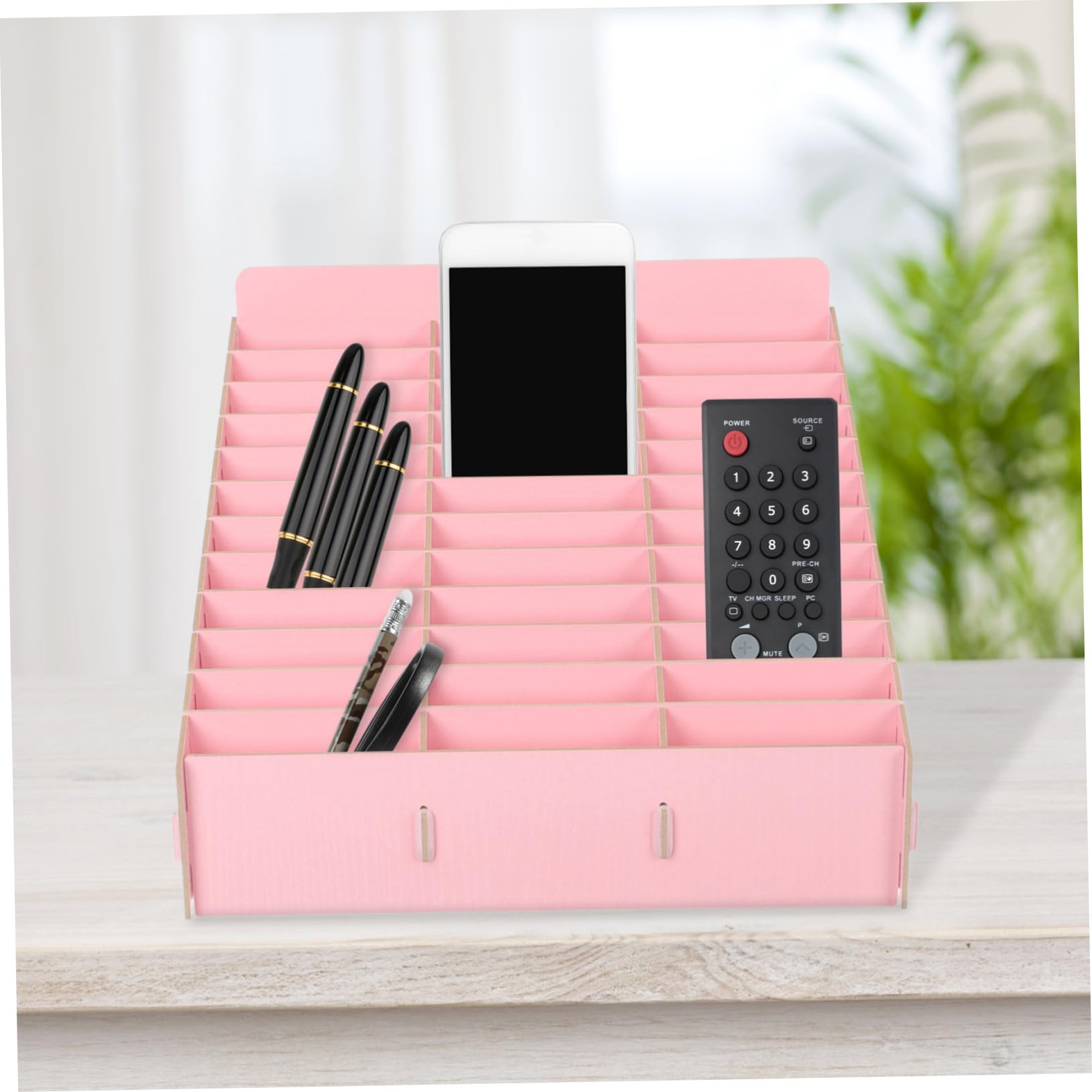 ORFOFE Wooden Desktop Storage Box with Compartments Multi Grid Organizer for Home Office School Sundries And Smartphone Holder