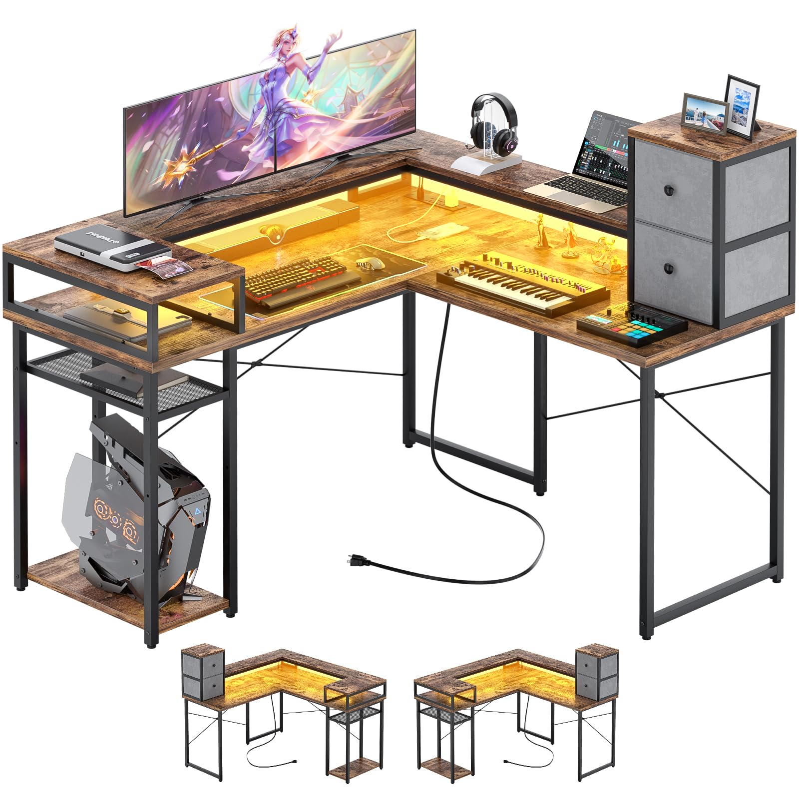 armocity L Shaped Desk with Drawers, Reversible Corner Computer Desk with LED Lights & Power Outlets, 55'' L-Shaped Gaming Desk with Long Monitor Shelf, Home Office Desk for Small Corner Space, Rustic