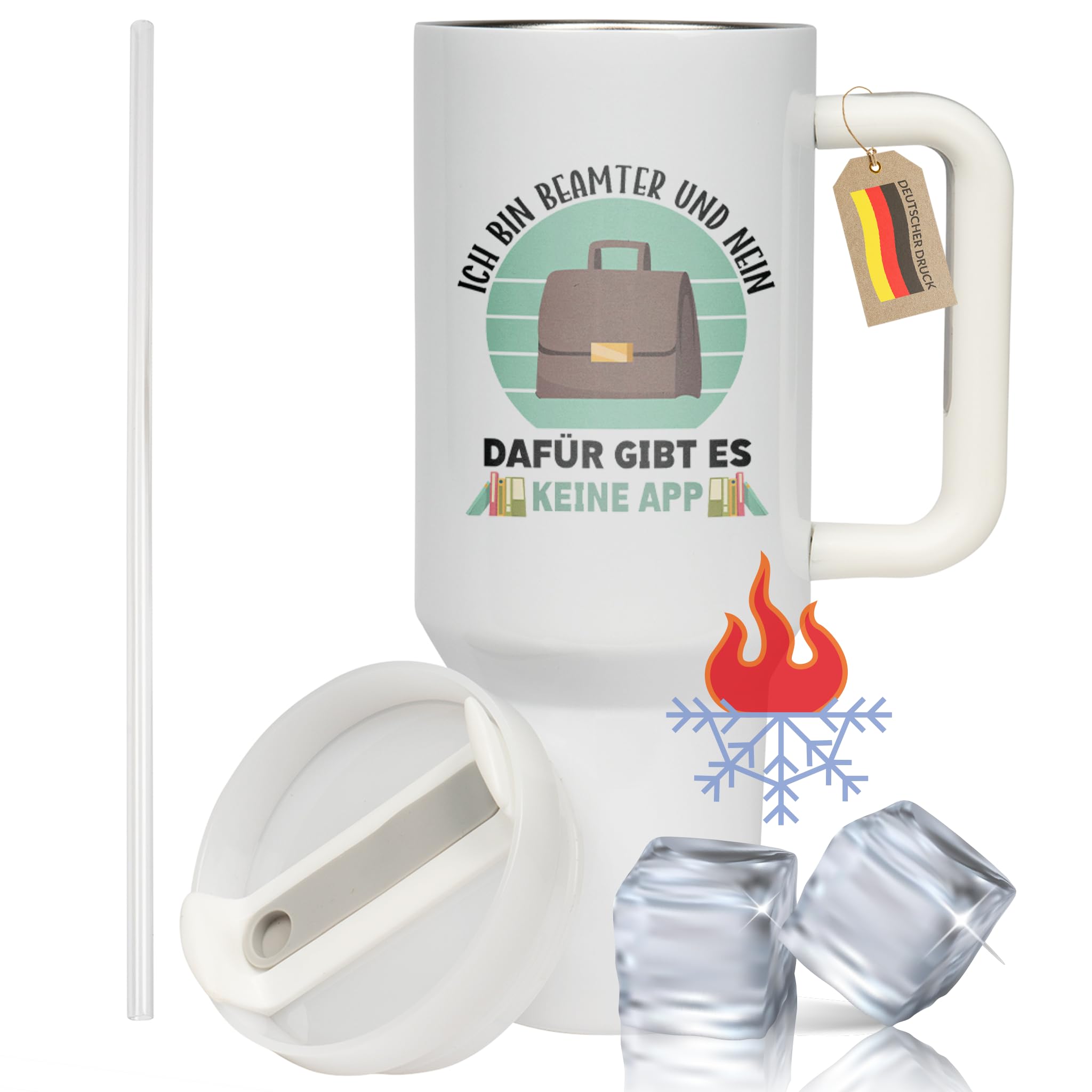 XXL Thermobecher für Beamte – Lustiges Geschenk zum Geburtstag, Abschied & Beförderung – Edelstahl Trinkflasche, Weiß mit Spruch Ich bin Beamter und nein dafür gibt es keine App (WIEDERVERWENDBAR)