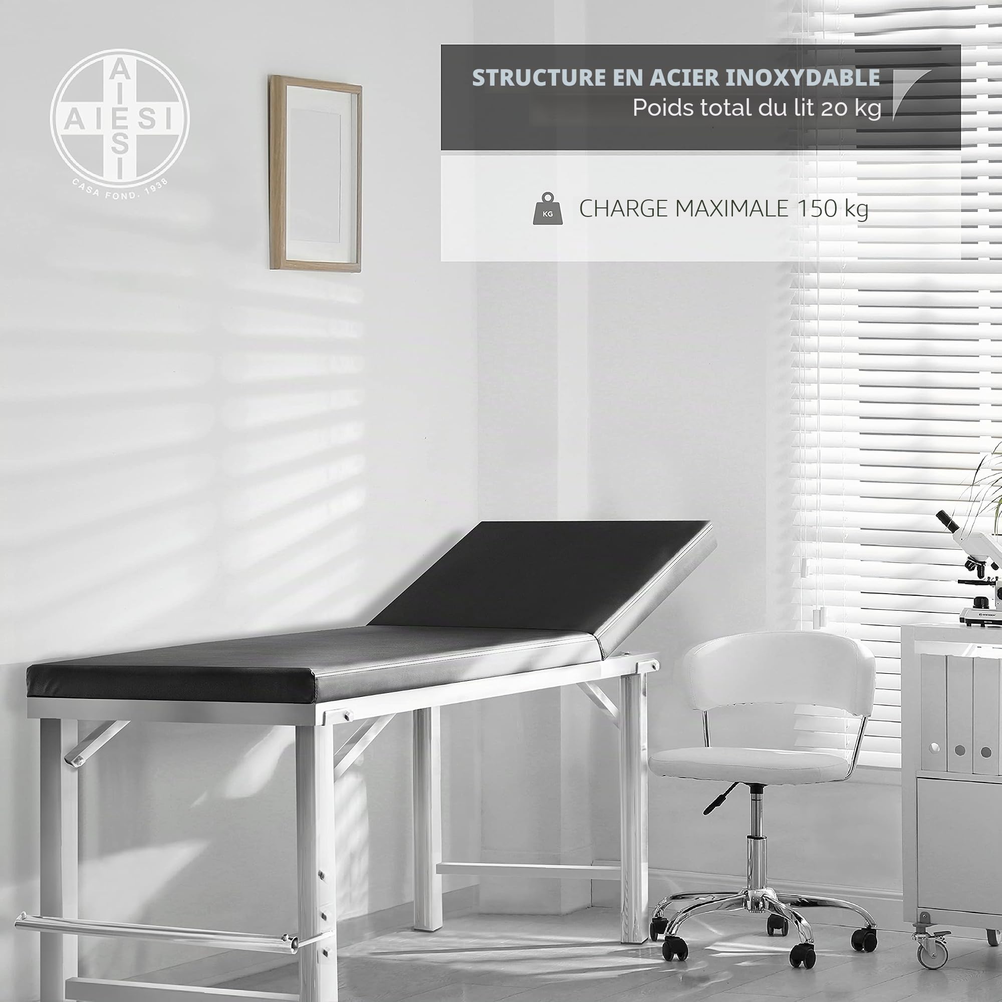 AIESI® Lit de Visite médical Ignifuge en Acier Inoxydable à 1 Articulation Couleur Noire avec Porte-Rouleau, Capacité 150 Kg, Garantie 24 Mois