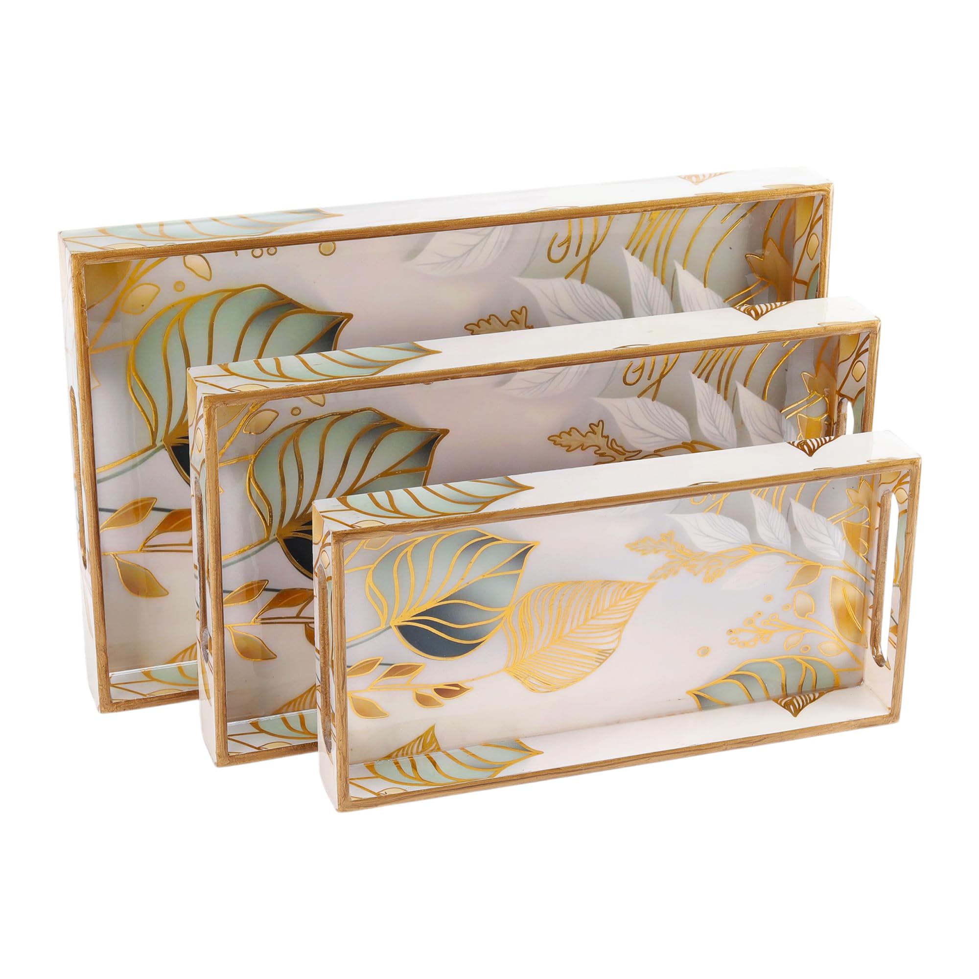 Handcrafted Wooden Tray - White Leaf Design -5 Handcrafted Wooden Tray - White Leaf Design -5