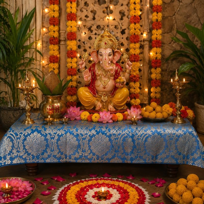 Blue Brocade Silk Luxurious Rectangular Chowki Cover 12x24 Inches| Puja Chowki, Bajot,Patiya, Peedha, Ganpati Chowki, Puja Platform, Puja Table & Singhasan Cover for Navratri, Karwa Chauth & Diwali-picture-17