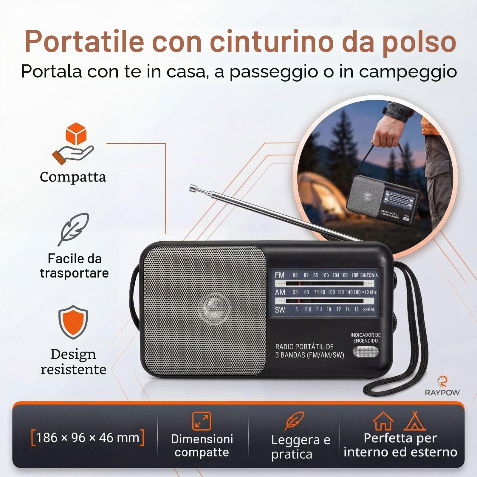 Radio Portatile FM/AM Con Alimentazione A Rete E Batteria – Altoparlante 3W, Antenna Telescopica 49,5cm, Maniglia, Perfetta Per Anziani E Cucina