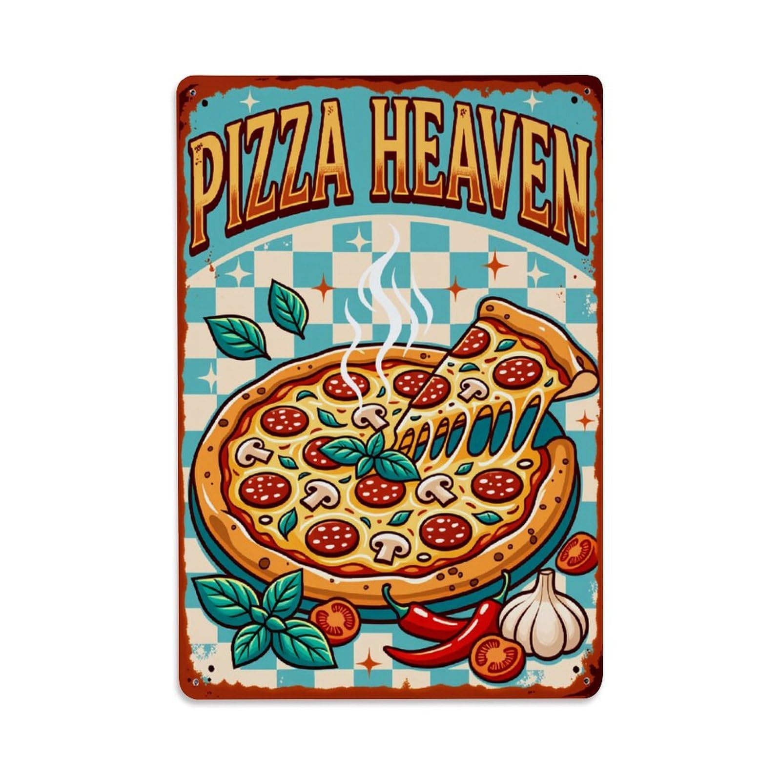 Pizza Heaven Checkered Background Basil Garlic Tin Sign Vintage Metal Poster Retro Bar, Home, Man Cave, Kitchen, Laundry Room Wall Art Decor Gift 8x12 Inch