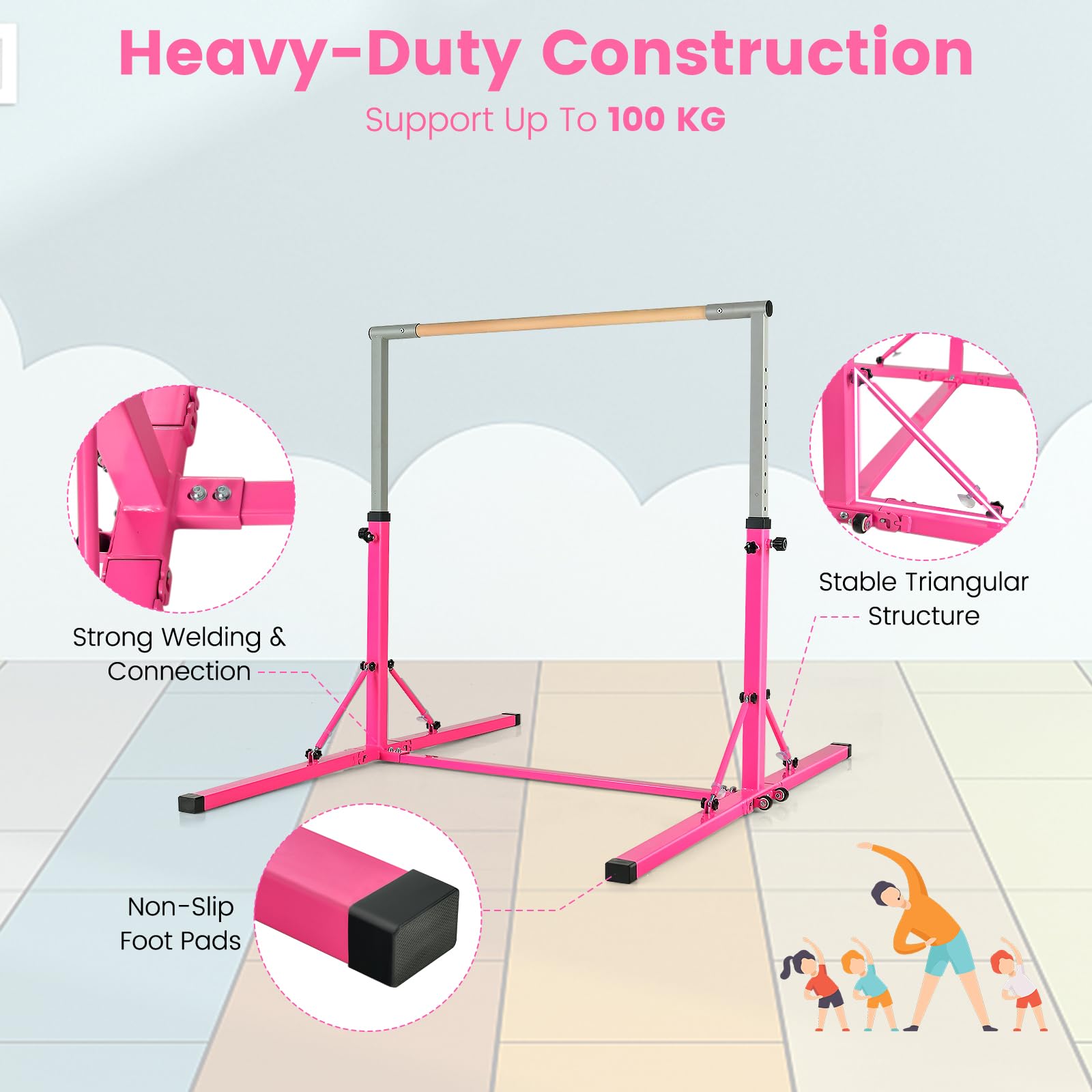 KOMFOTTEU Barra de Gimnasia para Niños, Barra Horizontal con Altura Ajustable de 13 Niveles, Barra de Entrenamiento de Metal y Madera, Equipo de Gimnasia con Carga de 100 kg