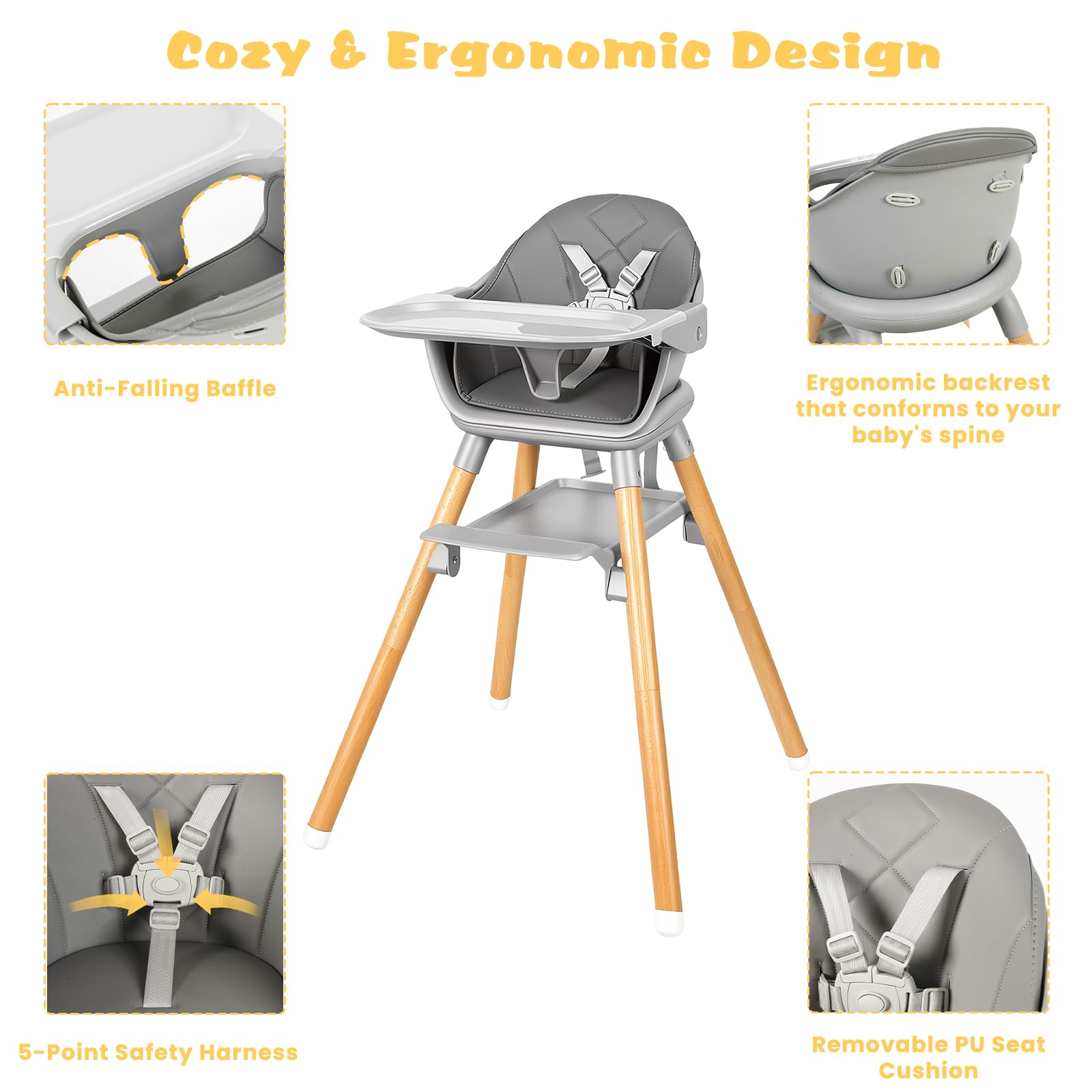 UBRAVOO Trona para bebé, 2 en 1 Tronas bebés con Reposapiés, Bandeja Doble Desmontable, Fácil de Limpiar, Trona de bebé para Niños y Niñas más de 6 Meses, HA-019, Gris