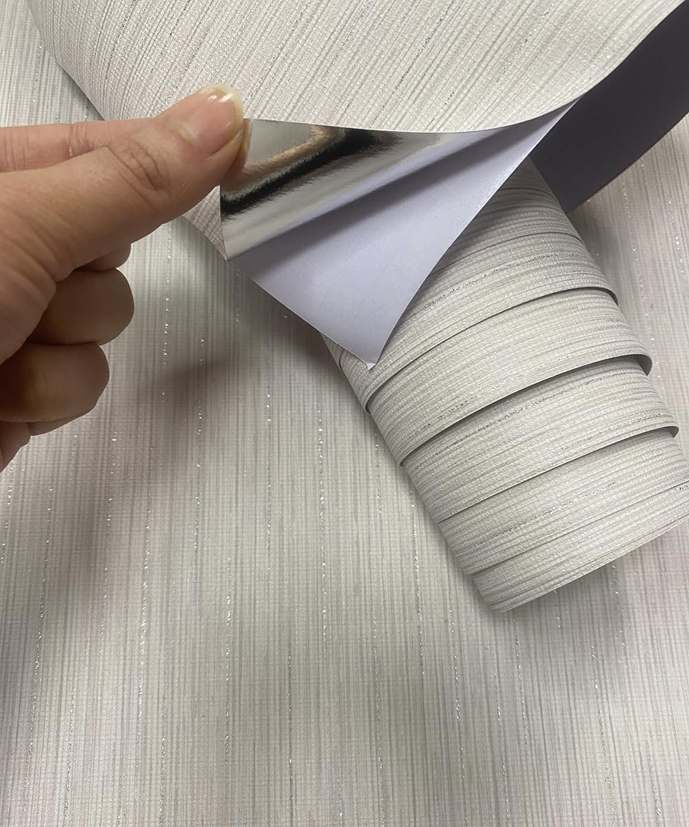 Grasscloth Peel and Stick Wallpaper 17.7" X 236.0" Fabric Contact Paper Grey White Wall Paper Self Adhesive Thick Textured Vinyl Striped Wallpaper