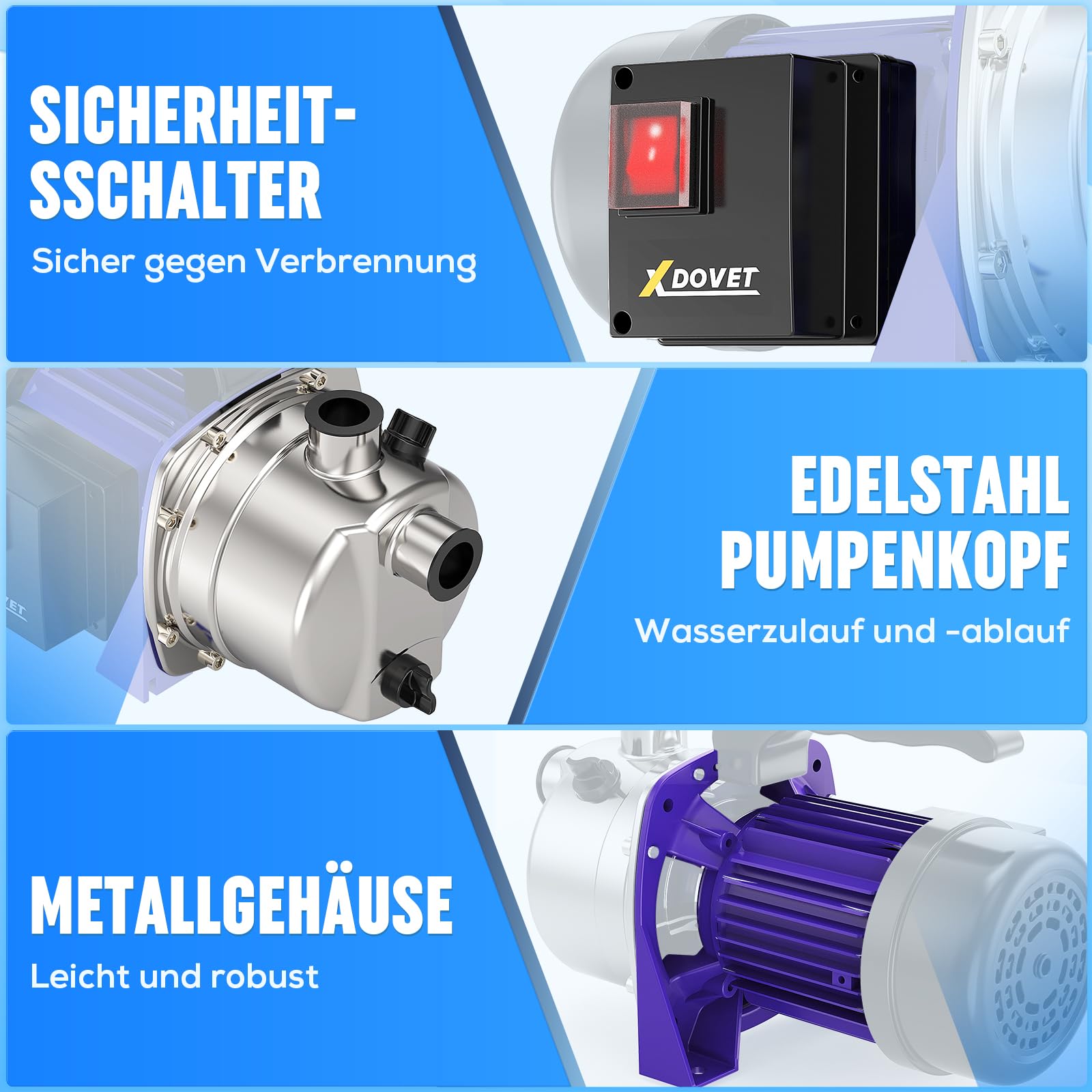XDOVET Gartenpumpe 600W – Edelstahl-Tiefbrunnenpumpe mit Überhitzungsschutz – 4000 L/H – max. Förderhöhe 35m –Gartenpumpe für Rasen, Garten, Bauernhof