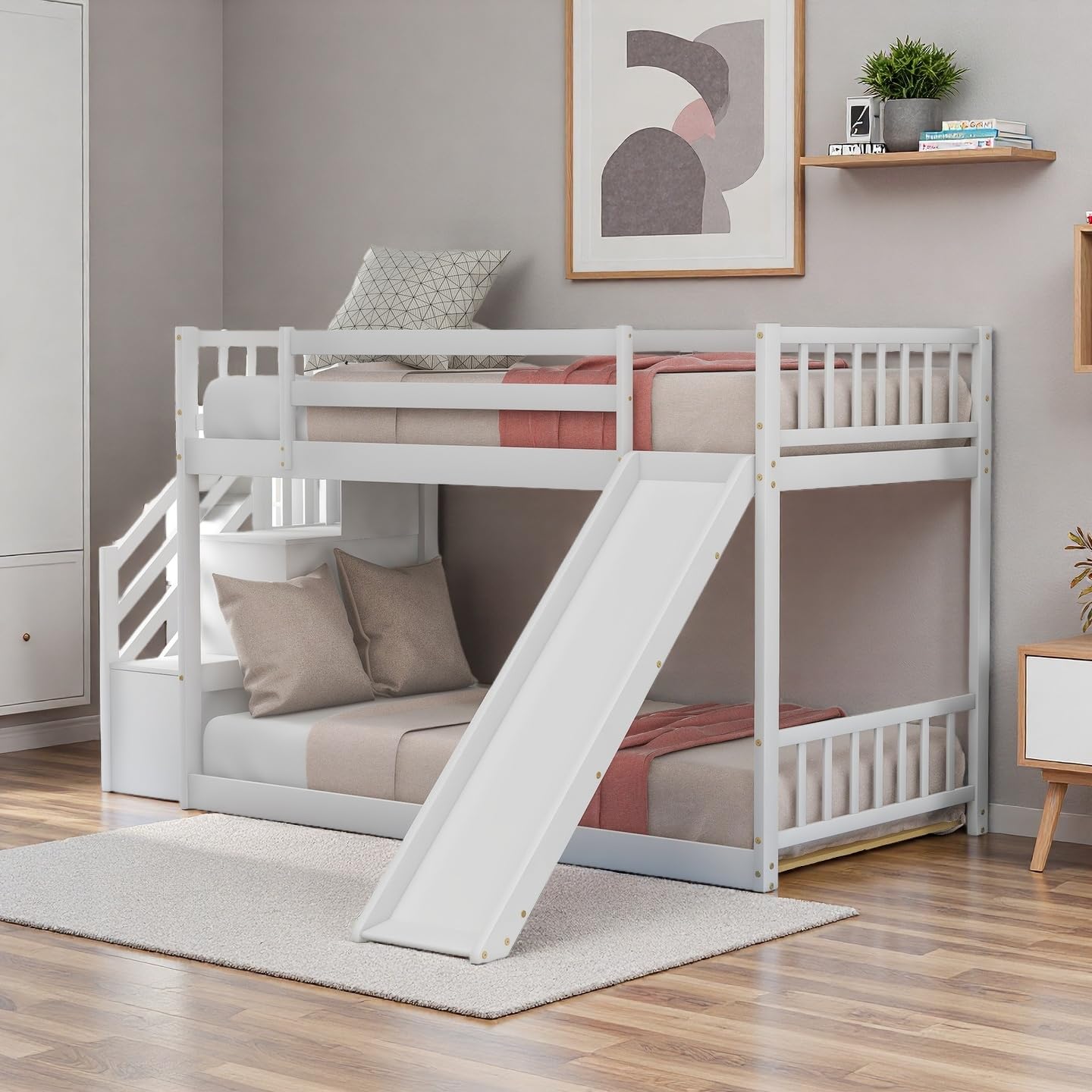 SOFTSEA Twin Over Twin Bunk Bed with Slide and Stairs, Solid Wood Floor Bunk Bed Frame with Storage for Kids, Low Bunk Bed with Storage, Save Space, White