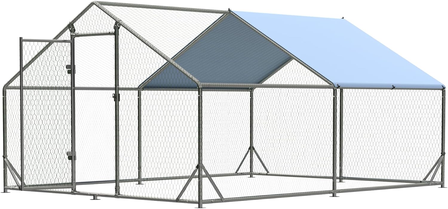 EUNHOO Large Metal Chicken Coop, 13x9.8x6.4ft Walk-in Poultry Enclosure with Spire Roof and Waterproof Cover, Spacious Outdoor Chicken Run Cage for Backyard,Farm,Yard