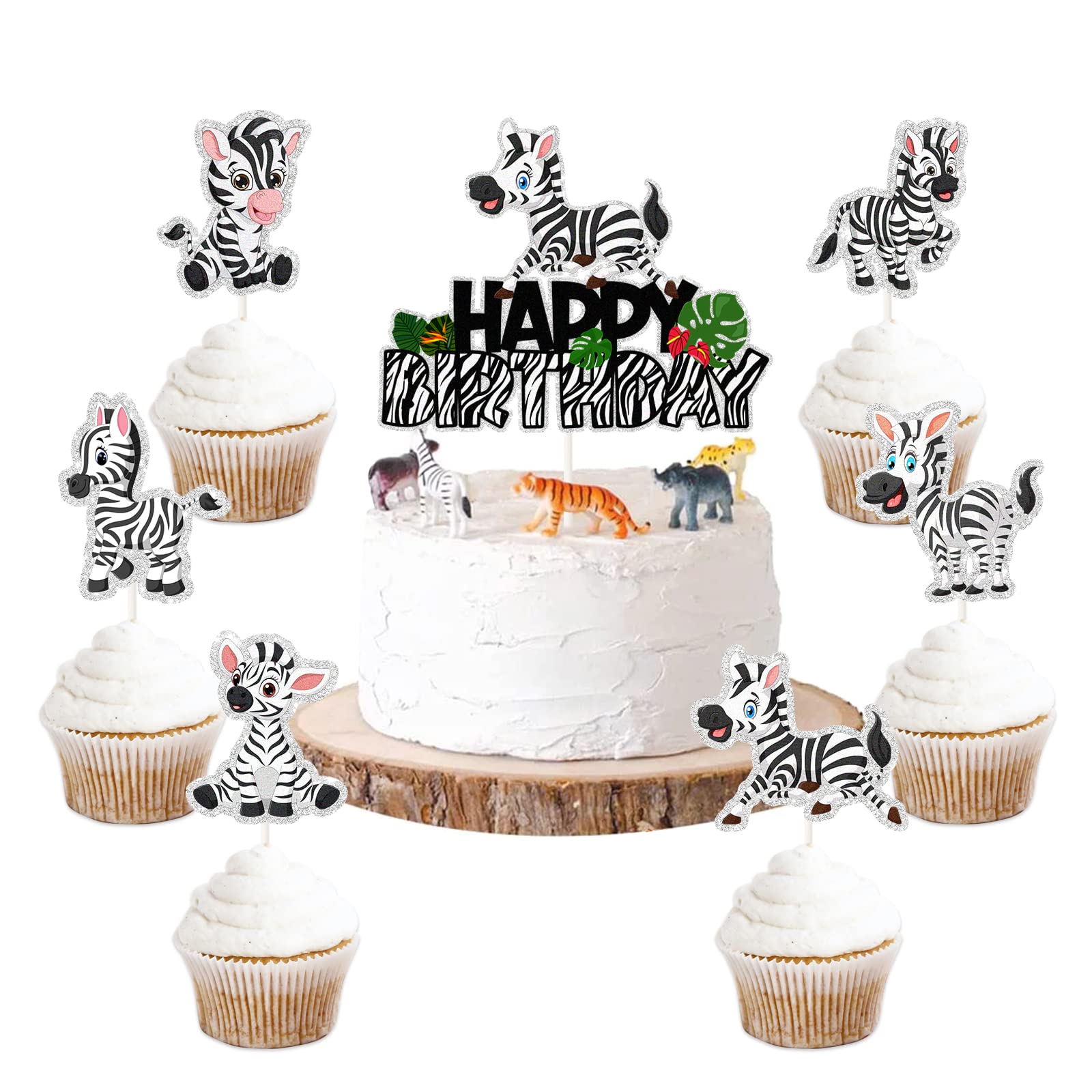 7 Pcs Zebra Happy Birthday Cupcake Toppers, Zebra Zoo Theme Cake Topper - Jungle Safari Zoo Theme Party Cake Decoration