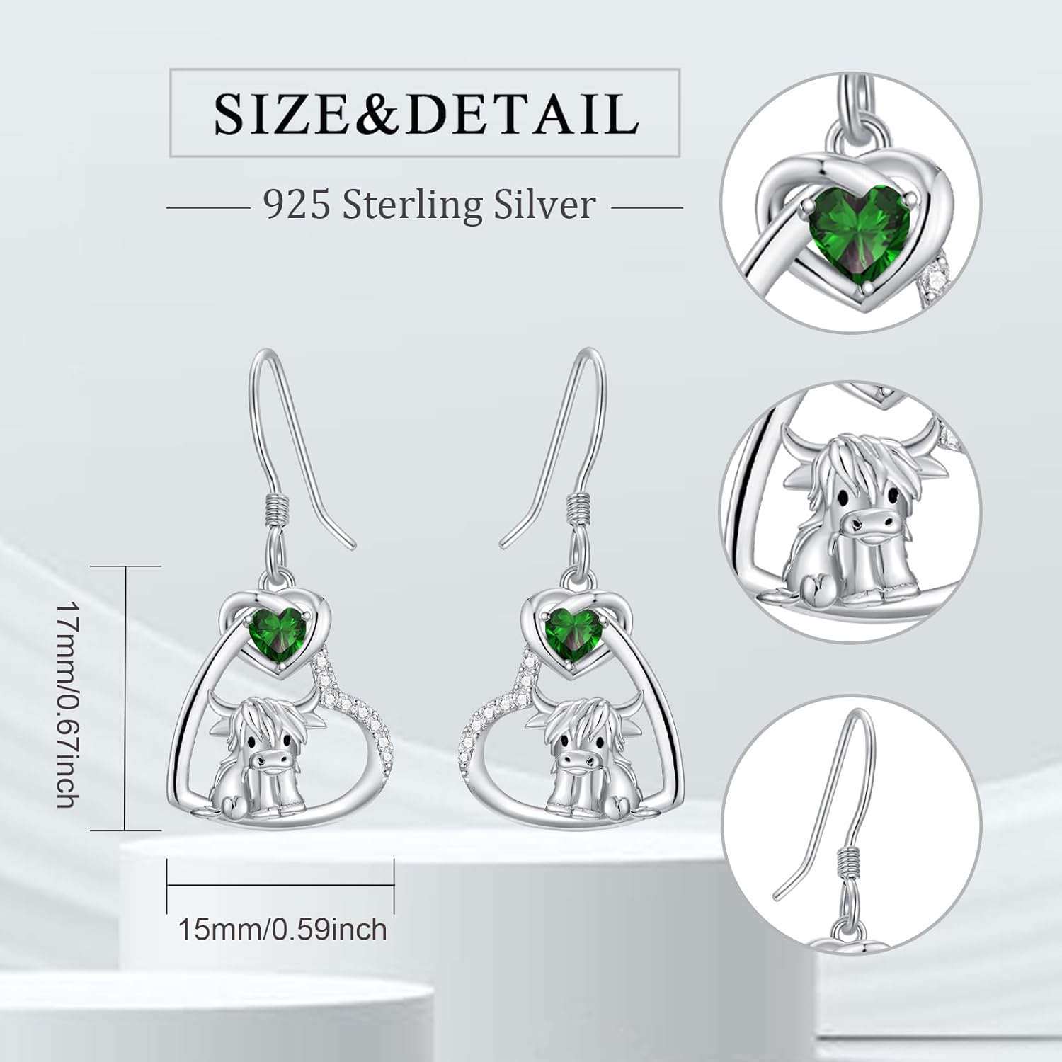 Birthstone Highland Cow Earrings 925 Sterling Silver Scotland Cow Dangle Drop Earrings Western Jewelry Gifts for Women Mom Cow Lover