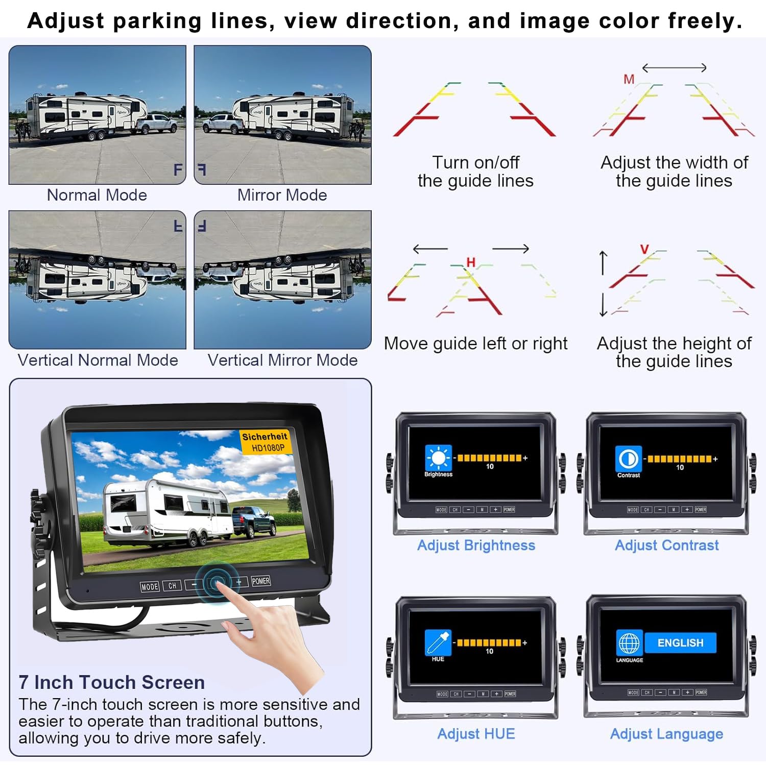 Caméra de Recul Filaire 1080P avec Écran HD 7 Pouces Vision Nocturne Couleur Starlight 12V-24V Caméra Compacte Facile à Installer pour SUV Voiture Camping-Car Camion Van IP69 Étanche Câble 15m