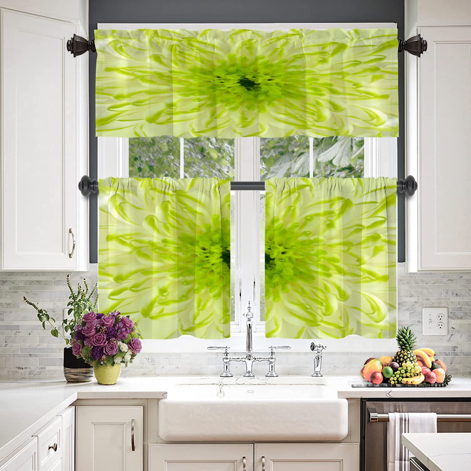 BaoNews Spring Floarl Kitchen Valances for Windows,Lime Green Chrysanthemum Flower Square Blackout Valances Curtains Multilayer Polyester Drapes for Kitchen Bedroom 2 Pack 52X18 Inches