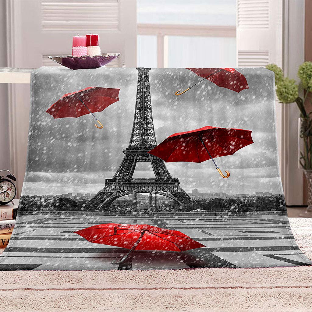 Manta De Franela De Microfibra 150X200Cm Manta De Felpa Suave Para Sofá Cama 3D Paisaje Con Torre De Paraguas Rojos Impresión Patrón Manta Polar Invierno Gruesa Y Esponjosa Caliente Transpirable