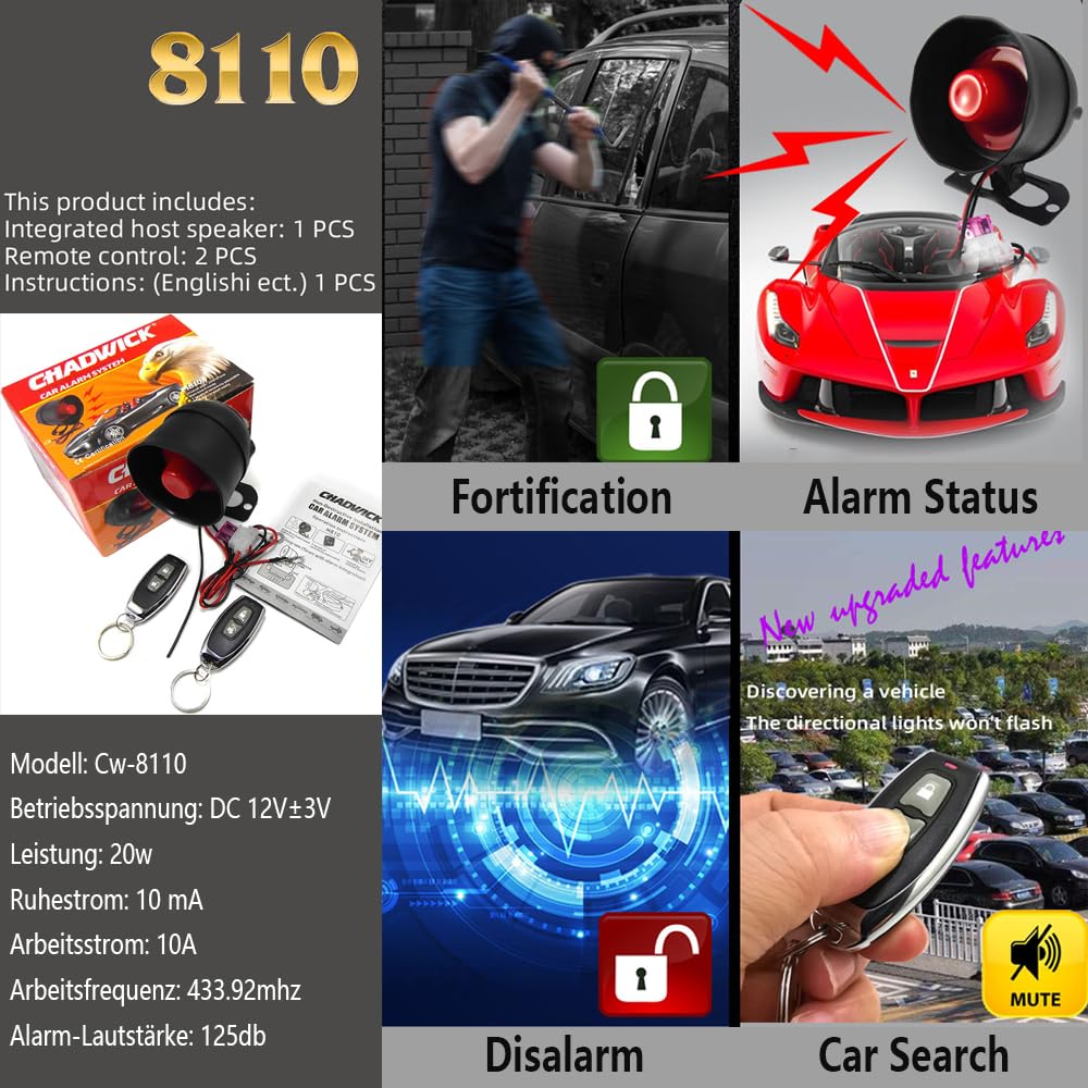 Alarma Coche, Alarma Coche Aviso movil, Alarma con Aviso al movil, para Coche de 12v CC, Sistema de Alarma de Seguridad antirrobo de 120 dB
