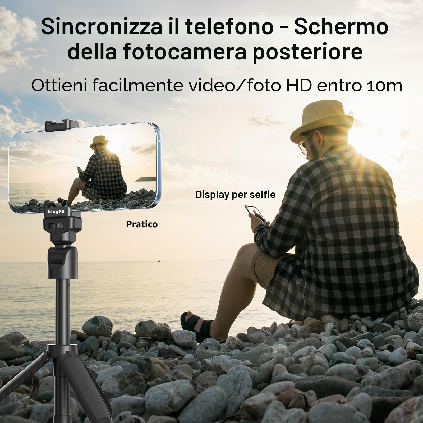 King Ma Schermo per selfie Vlog, monitor portatile per sincronizzazione iPhone, fotocamera posteriore con clip magnetica per telefono e telecomando Bluetooth per Vlog Live Stream TikTok, supporta la