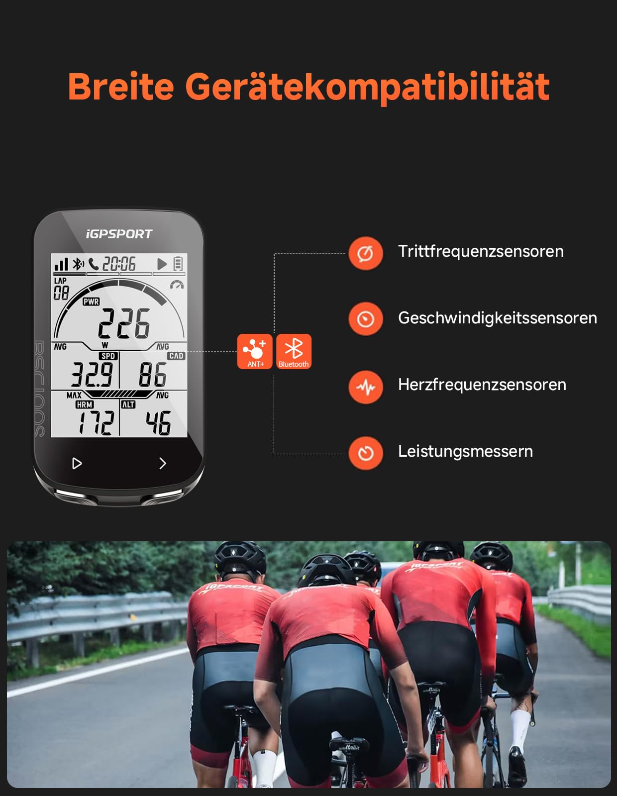 iGPSPORT BSC100S Fahrradcomputer Kabellos, 2.6'' Display Fahrradtacho Kabellos, IPX7 Wasserdicht 40H Wiederaufladbare Batterie Bluetooth5.0 ANT+ (BSC100S)