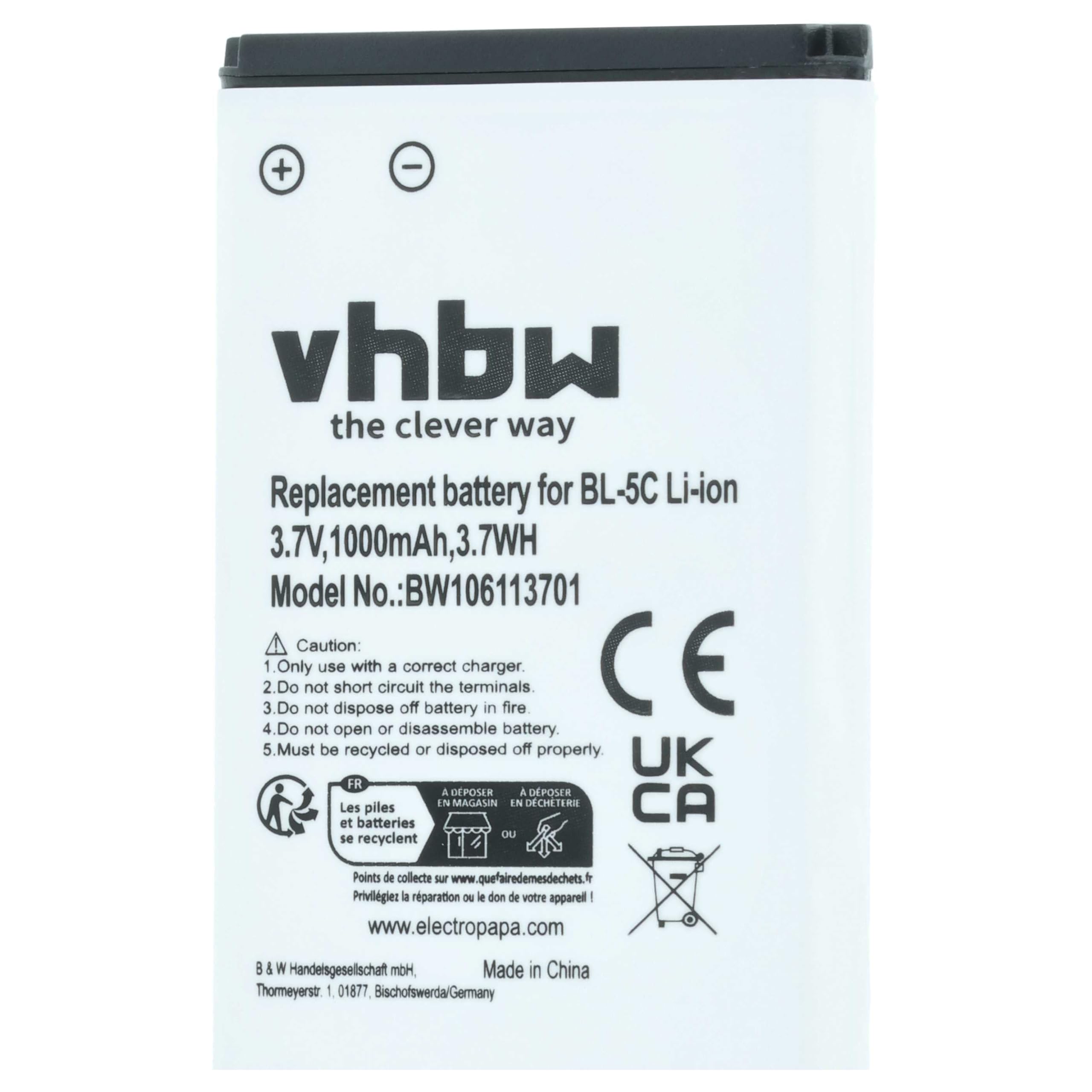 vhbw Akku Ersatz für Nokia 0106G20624418, BL-5C, BL-5CA, BL-5CB, RTX 60020436, 0670397417535 für Handy Smartphone Telefon (1000 mAh, 3,7 V, Li-Ion)