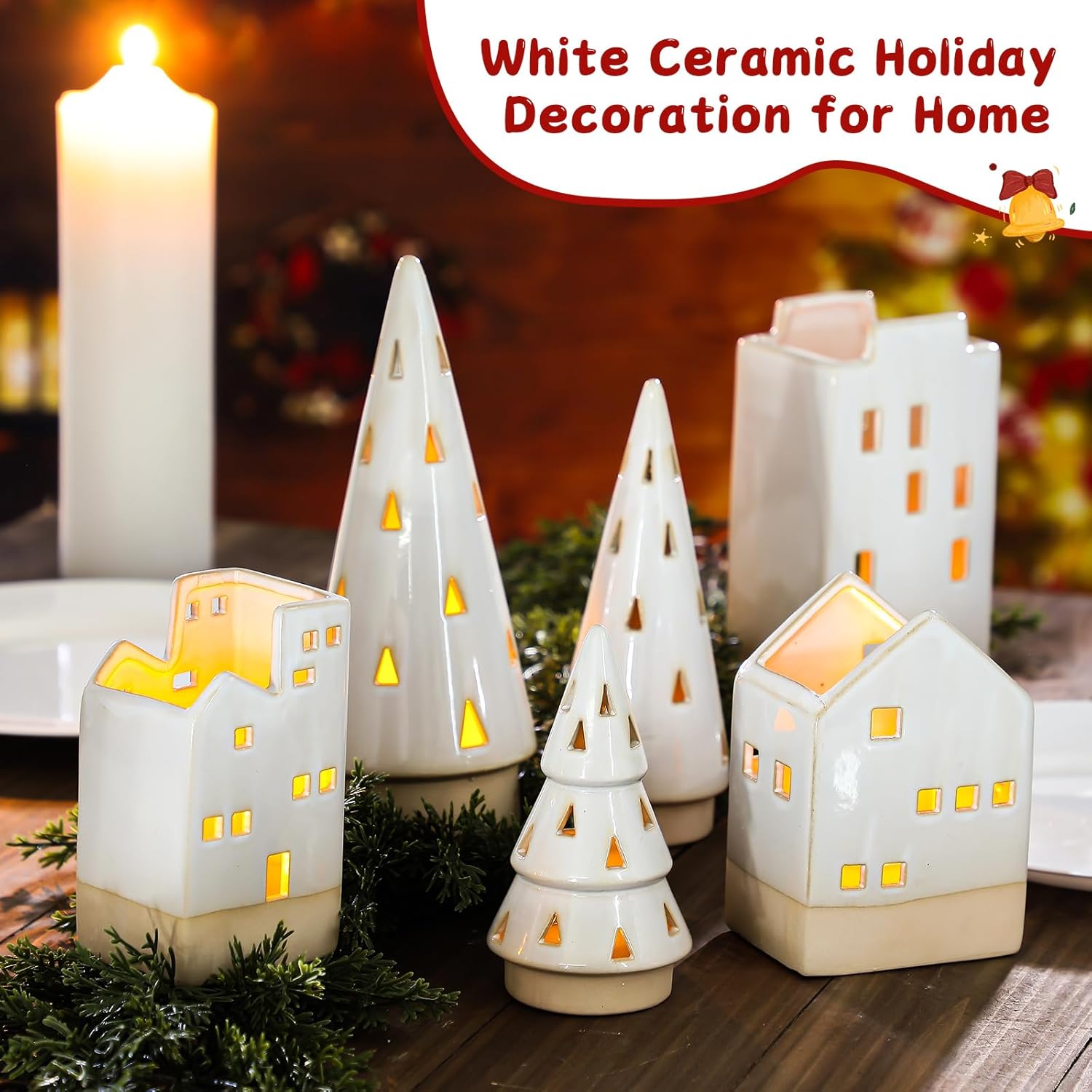 6 PCS Ceramic Christmas Trees and Houses Decoration Set - White Ceramic House & Pine Tree Tealight Candle Holders Farmhouse Winter Holiday Village Accessories for Xmas Tabletop Mantle