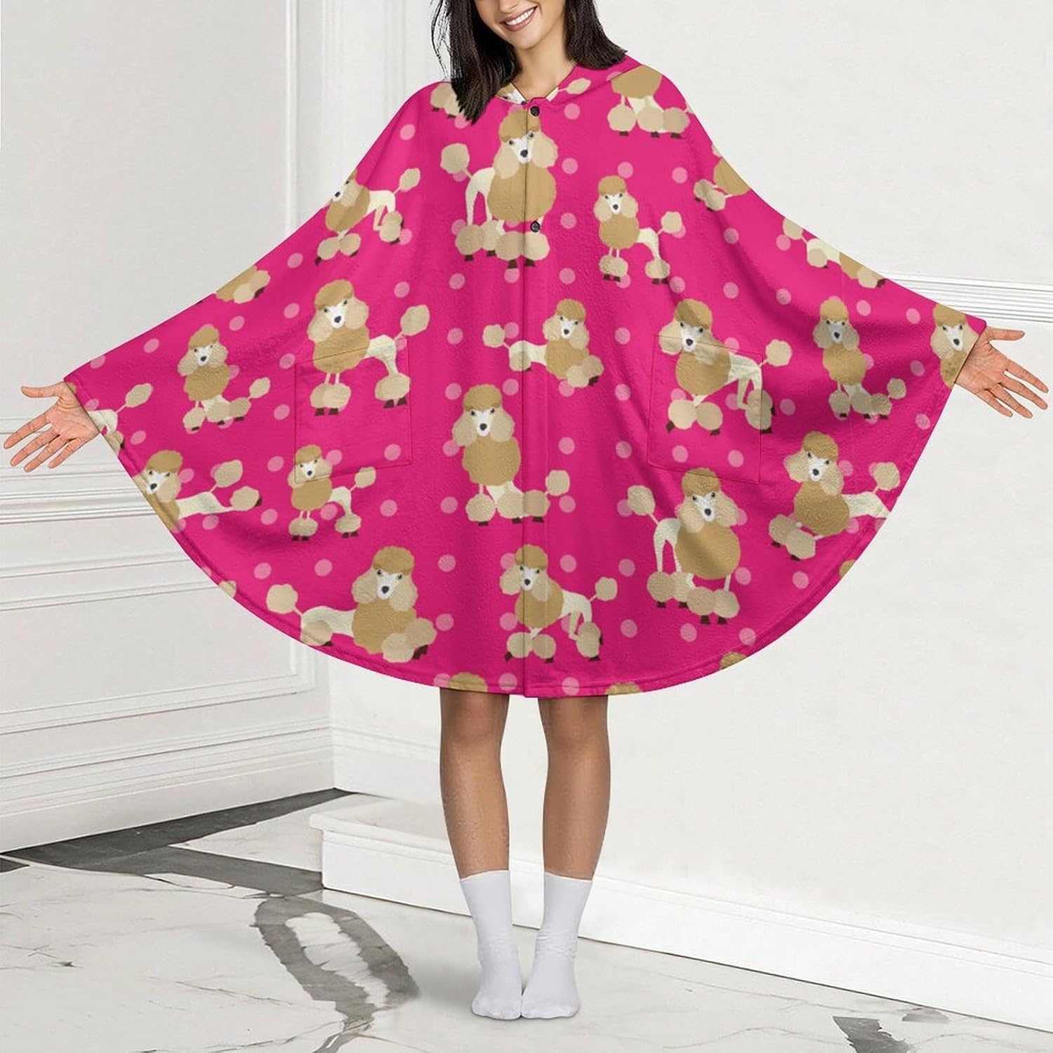 Poodle Dog Wearable Blanket with Hooded Flannel Blankets Cape with Pocket