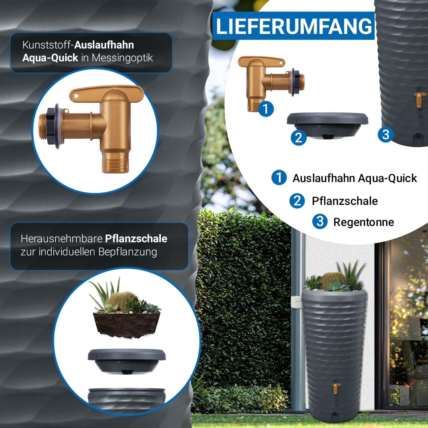 4rain Jolie 2in1 Regentonne 230 Liter Graphite Grey inkl. Pflanzschale | dekorative Lösung für nachhaltige Gartenbewässerung mit Auslaufhahn in Messingoptik und wetterfester Bauart für draußen