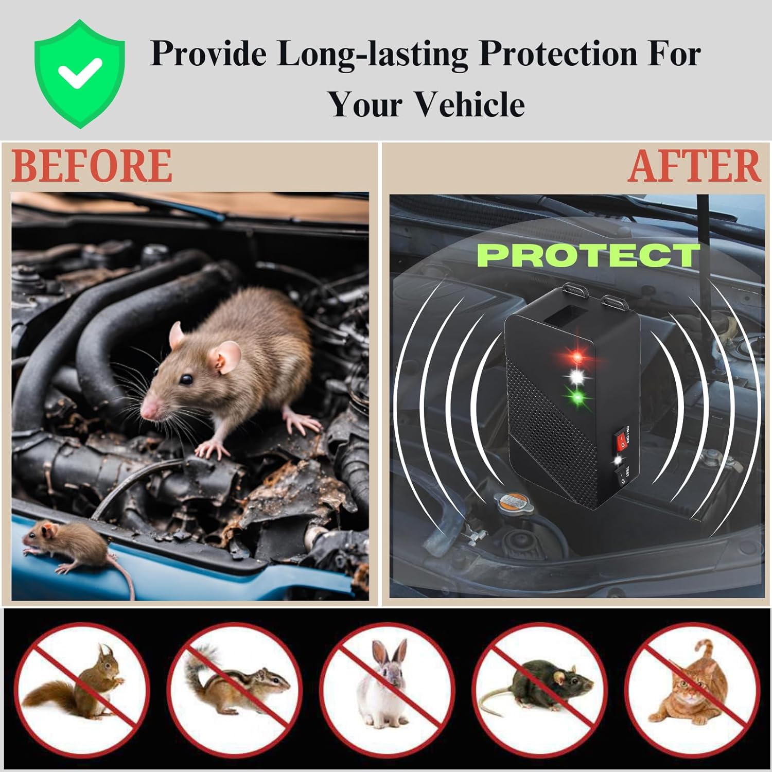 Ultrasonic Rodent Repellent Battery Operated Ultrasonic Mouse Repeller Under Hood Pest Repeller Rat Mice Deterrent with Strobe Lights for Car Engine Indoor Use 1Pack - Image 2