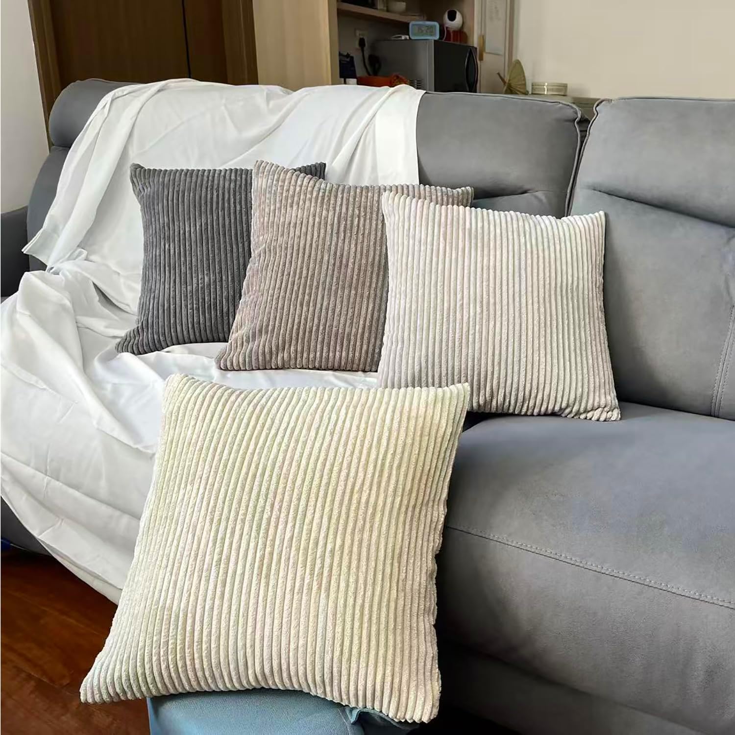 Simple Fashion Style Neutral Boho Farmhouse Throw Pillow Covers Set of 4 Mordern Gray Nordic Cushion Covers Soft Corduroy Home Decor for Couch Bed Sofa Living Room (4, Gray Series, 18 * 18)