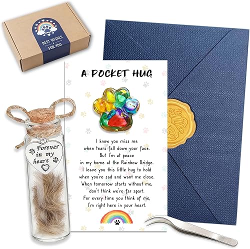 Pet Loss Sympathy Gift Set – Paw Pocket Hug & Hair Keepsake Glass Bottle – Dog & Cat Memorial Remembrance Gift for Bereavement & Loss of Pet (Colorful)