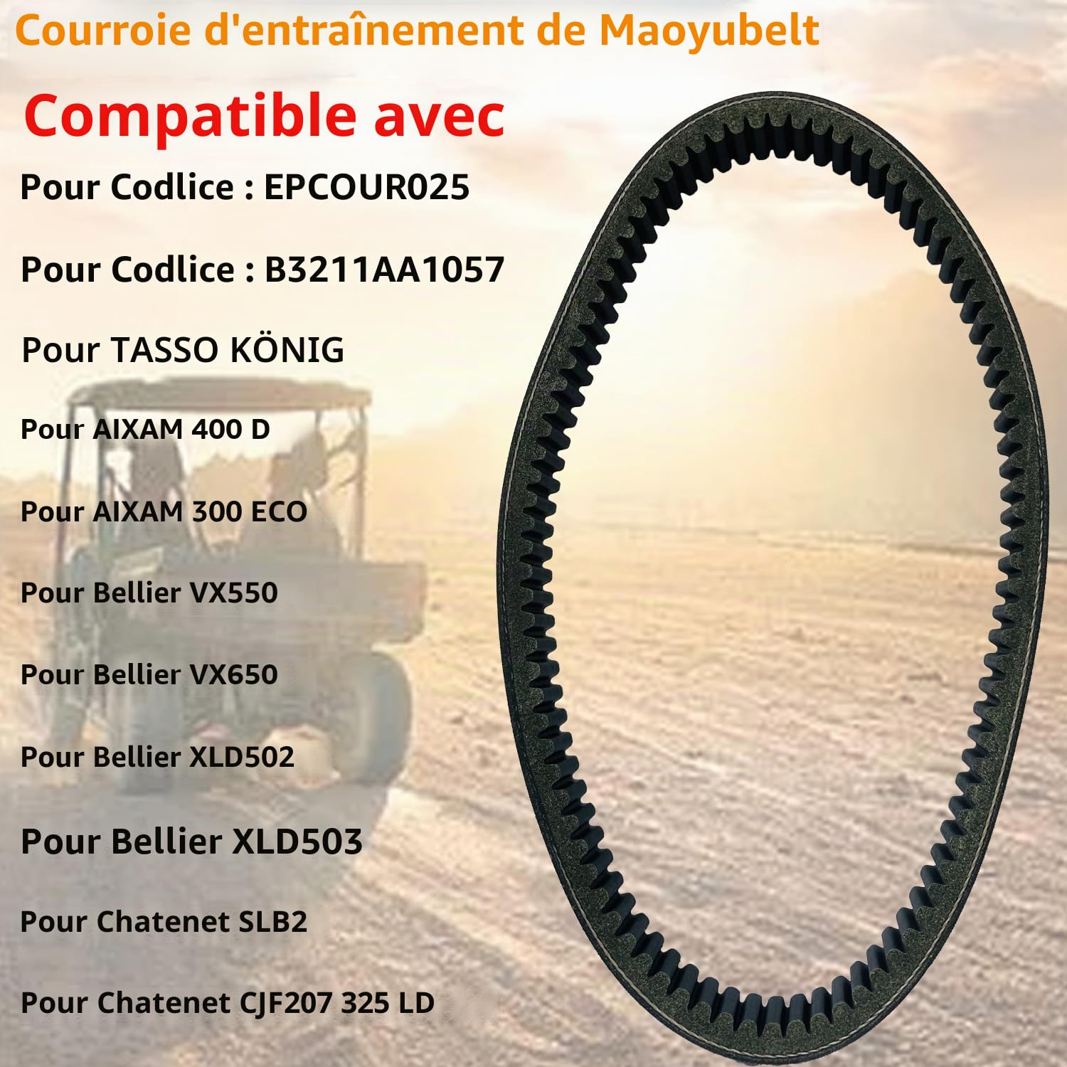 Courroie de transmission compatible avec TASSO King AIXAM 400 D 300 ECO pour Bellier VX550 VX650 XLD 502 503 EPCOUR025 B3211AA1057 VX 550 650