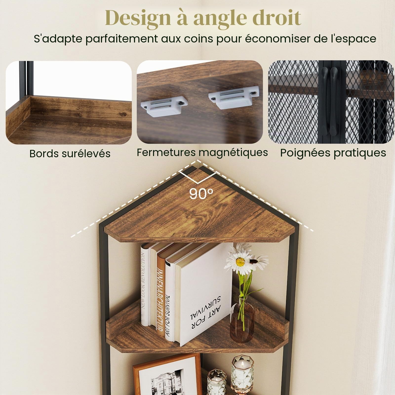 HOMASIS Étagère d'angle 170 cm avec 4 Niveaux et Armoire, en Bois, Étagère de Rangement, Bibliothèque, pour Salon, Bureau, Chambre à Coucher (Marron + Noir, 32 x 32 x 170 cm)