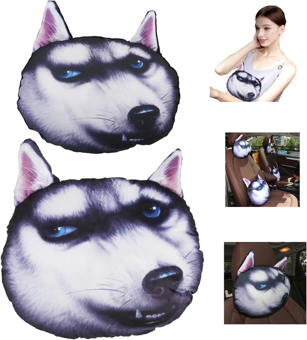Car Pillow + waist pillow, decorative Pillow Car headrest Travel Pillow Headrest Neck Lumbar support Cute Pillows For Home Office -Best Funny Gift To Yours. 3D Cartoon Animal(grey Husky)