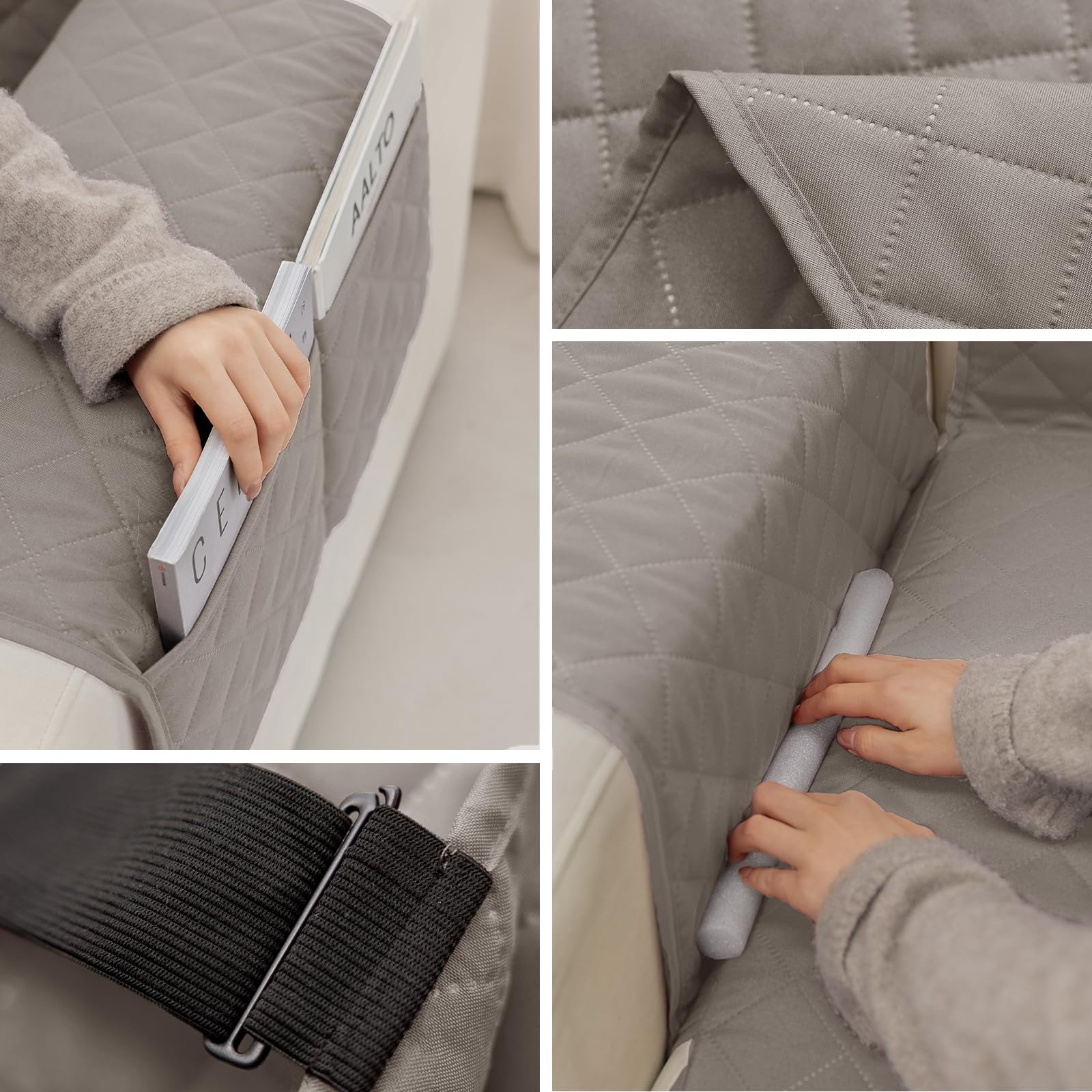 Funda de Sofa 4 Plazas 220 cm Impermeable, Fundas de Sofa Anti Gatos con Brazos, Protector Sofa Universal Reversible, Gris Claro