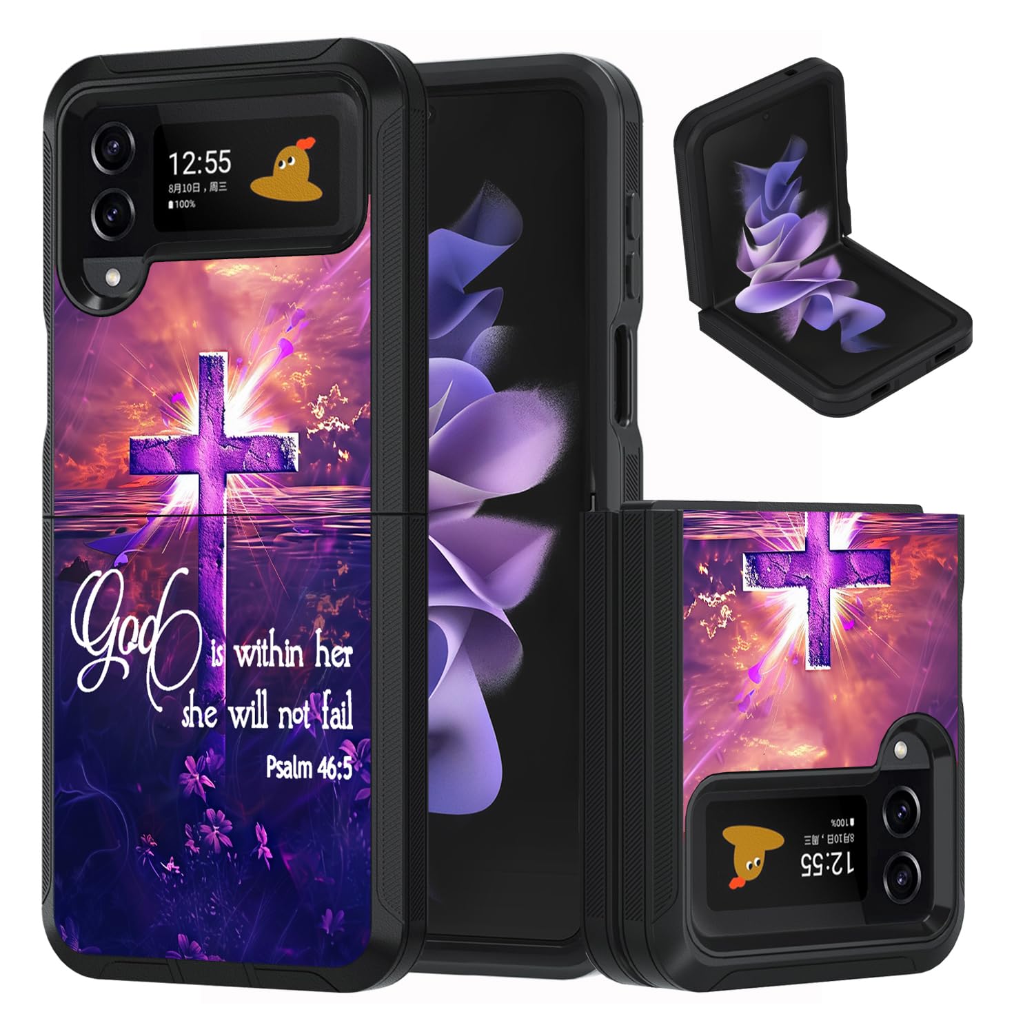 FQTBCEARI Designed for Samsung Galaxy Z Flip 4 5G (2022) Case/Z Flip 3 5G (2021) Case, Heavy Duty Dual Layer Shockproof Folding Full-Body Protective Cover, Cross Quote Bible Verses Psalm 46:5