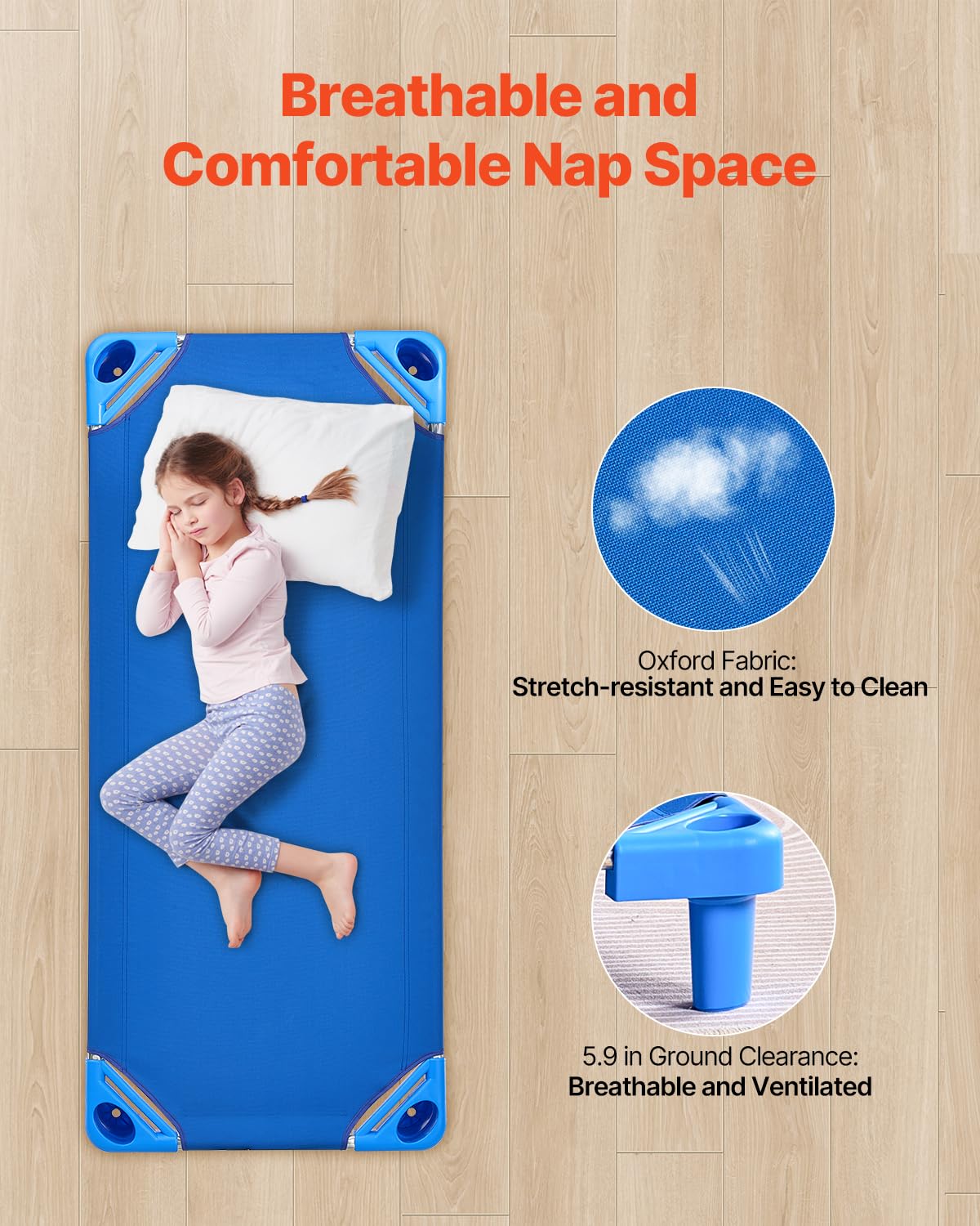 VEVOR Lit de Sieste empilable pour Enfant, 6 pcs, lit de Couchage Portable pour Tout-Petits, 130 x 57 cm, lit de garderie pour Enfants, pour Salle de Classe préscolaire, pour Dormir, se Reposer, Bleu