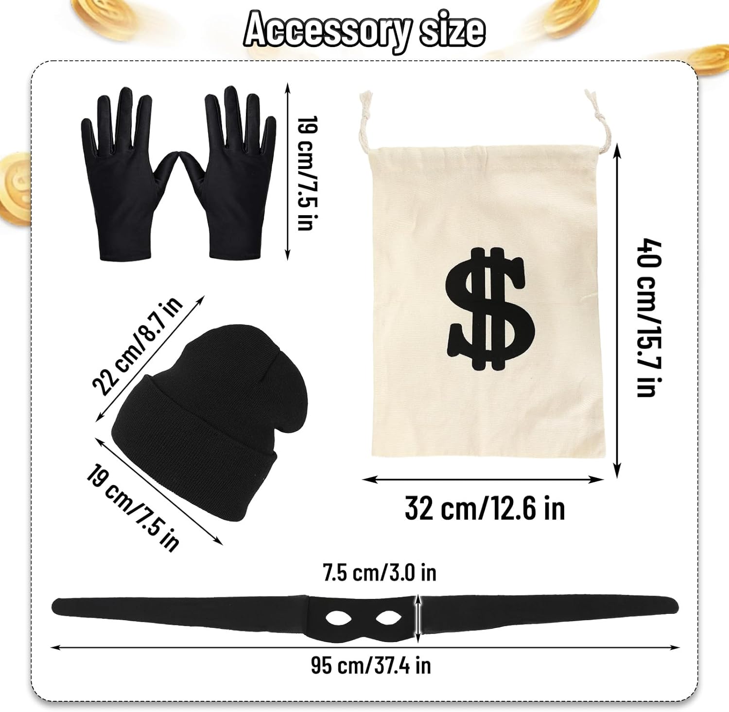 Robber Costume Set Black and White Striped T-Shirt Men's Burglar Set Halloween Cosplay Thief Accessories for Adult - Image 2