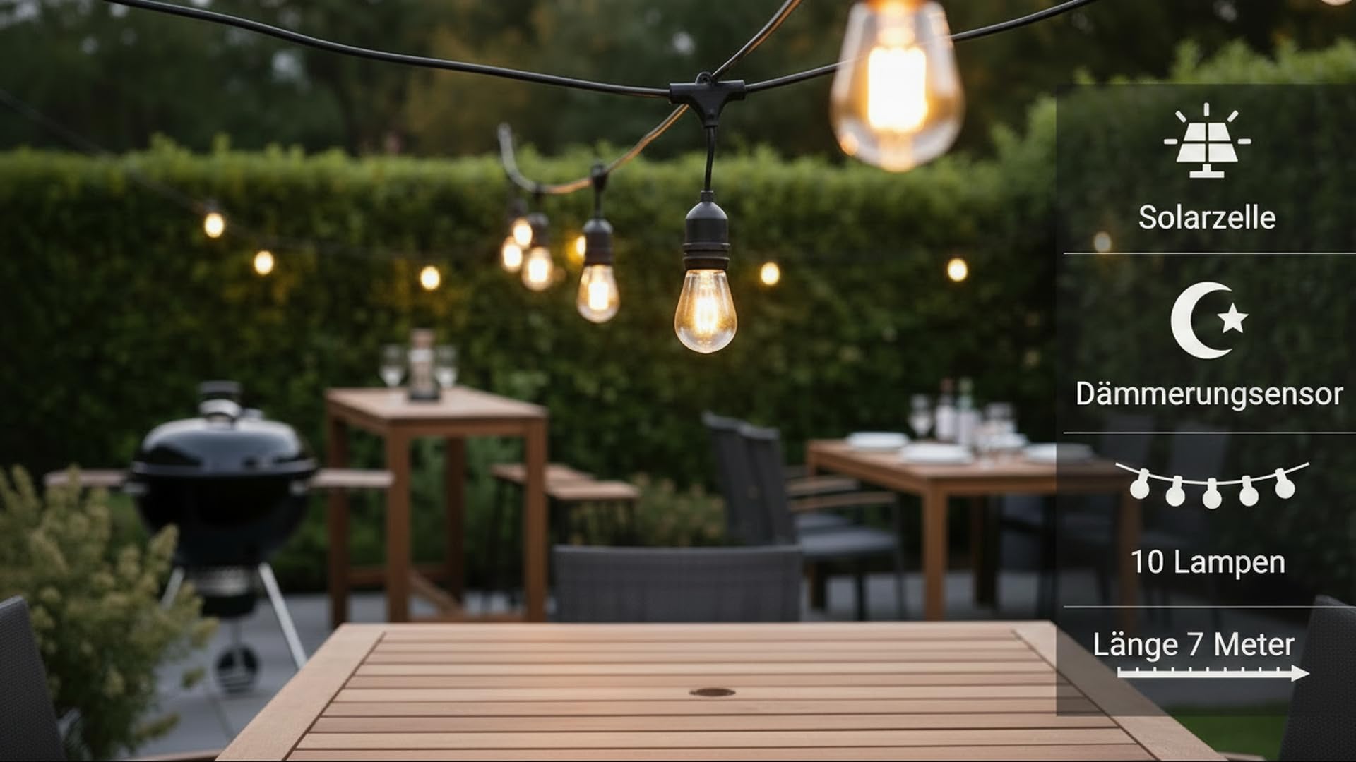 Cadena de Luces Guirnalda Bombillas para Cervecería al Aire Libre ''CT-BGL 10Solar'', Bombillas Terraza, Longitud 2 + 4 m
