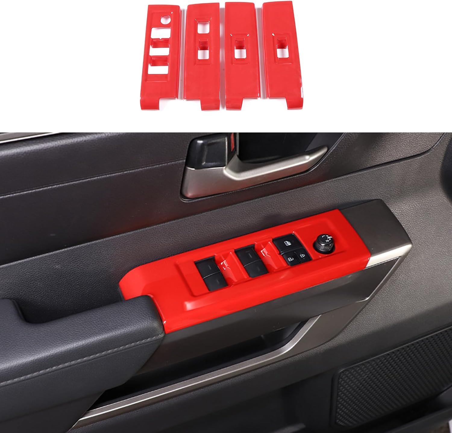 Car Accessories Automobile Door Window Control Panel Cover Trim Compatible with Toyota Tundra/Sequoia 2026 2025 2024 2023 2022 (with Rearview Mirror Adjustment Button:Red) 4PCS ABS
