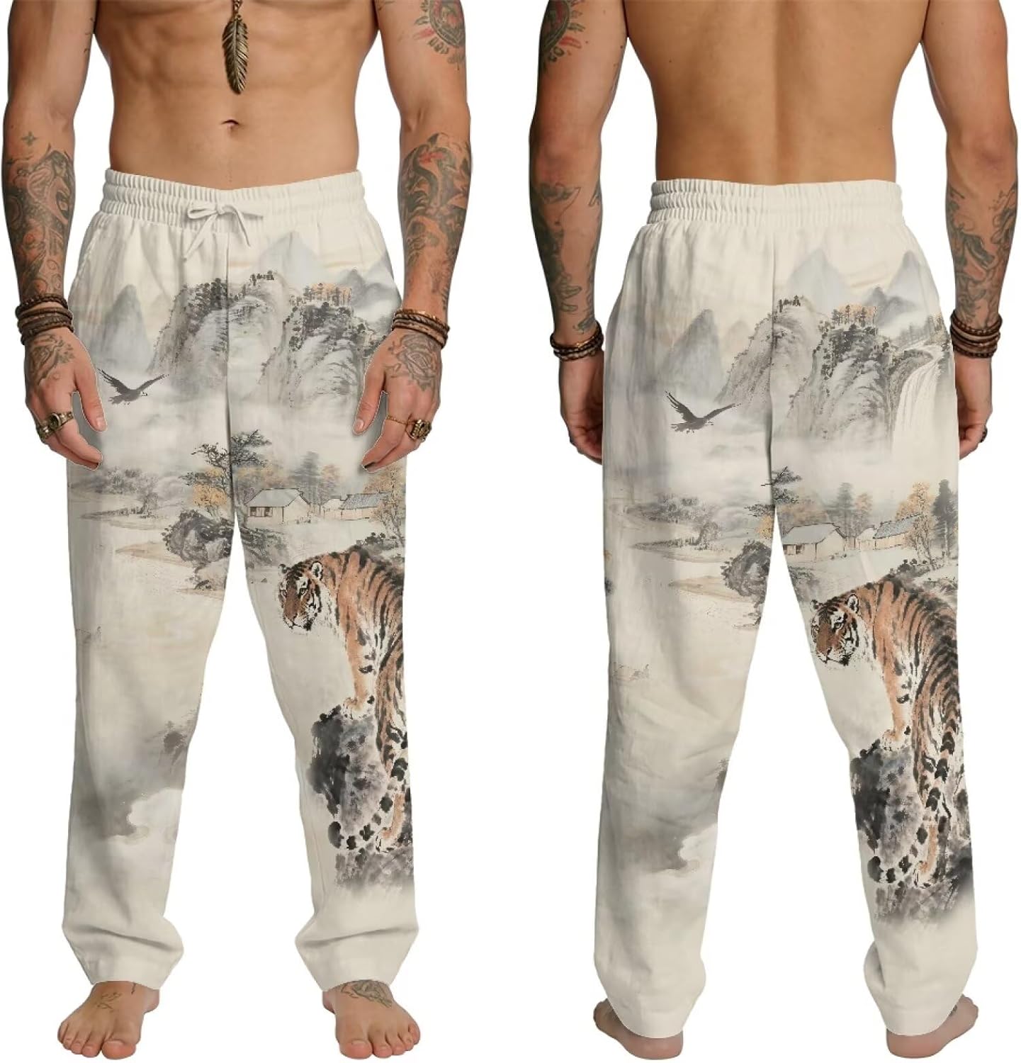 Men's Casual Pants Elastic Waist Comfy Summer Beach Long Pants Lightweight Loose Fit Trousers Plus Size S-5XL