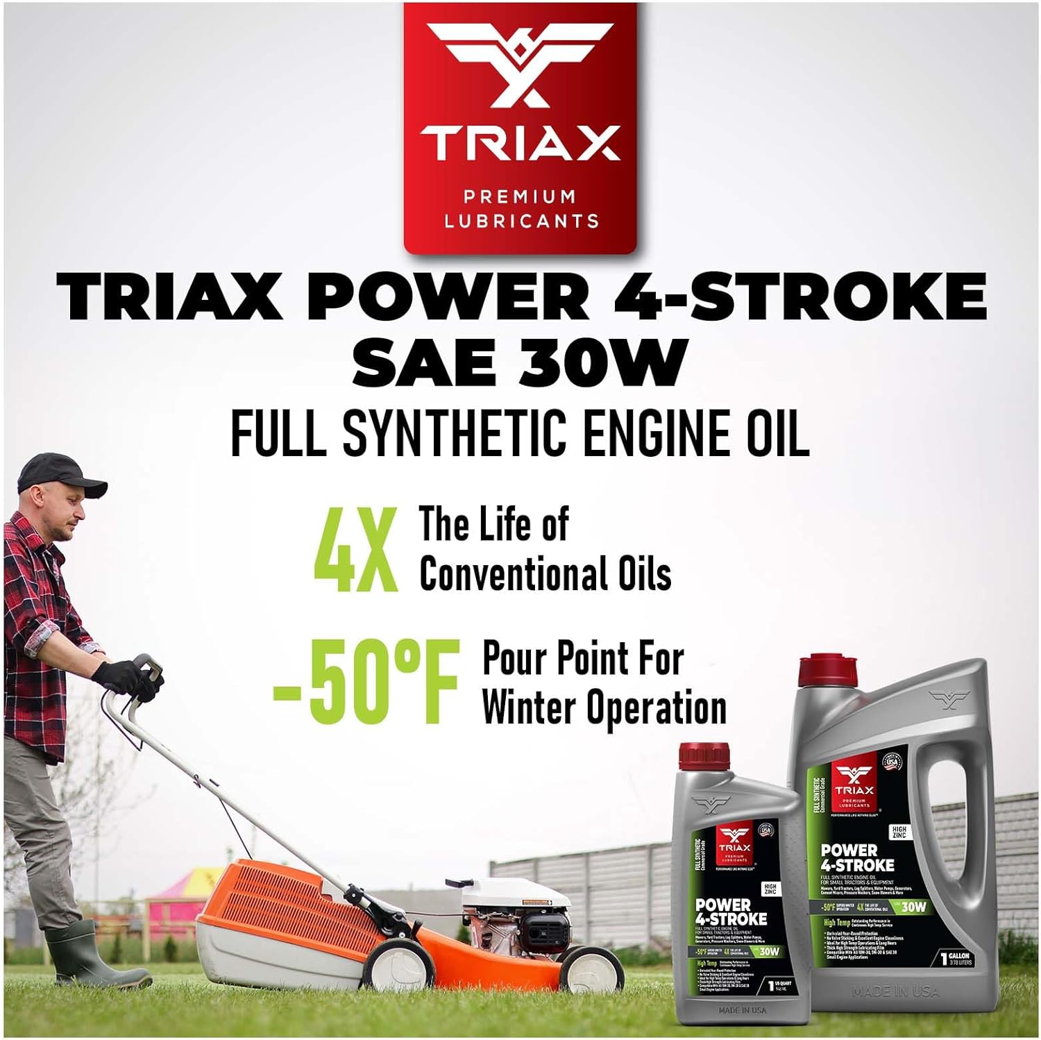TRIAX Power 4-Stroke SAE 30W Full Synthetic 4 Cycle Small Engine Motor Oil | For Lawnmower, Generator, Tractor, Log Splitter, Snow Blower, Pressure Washer, Cement Mixer, and More (1 Gallon)
