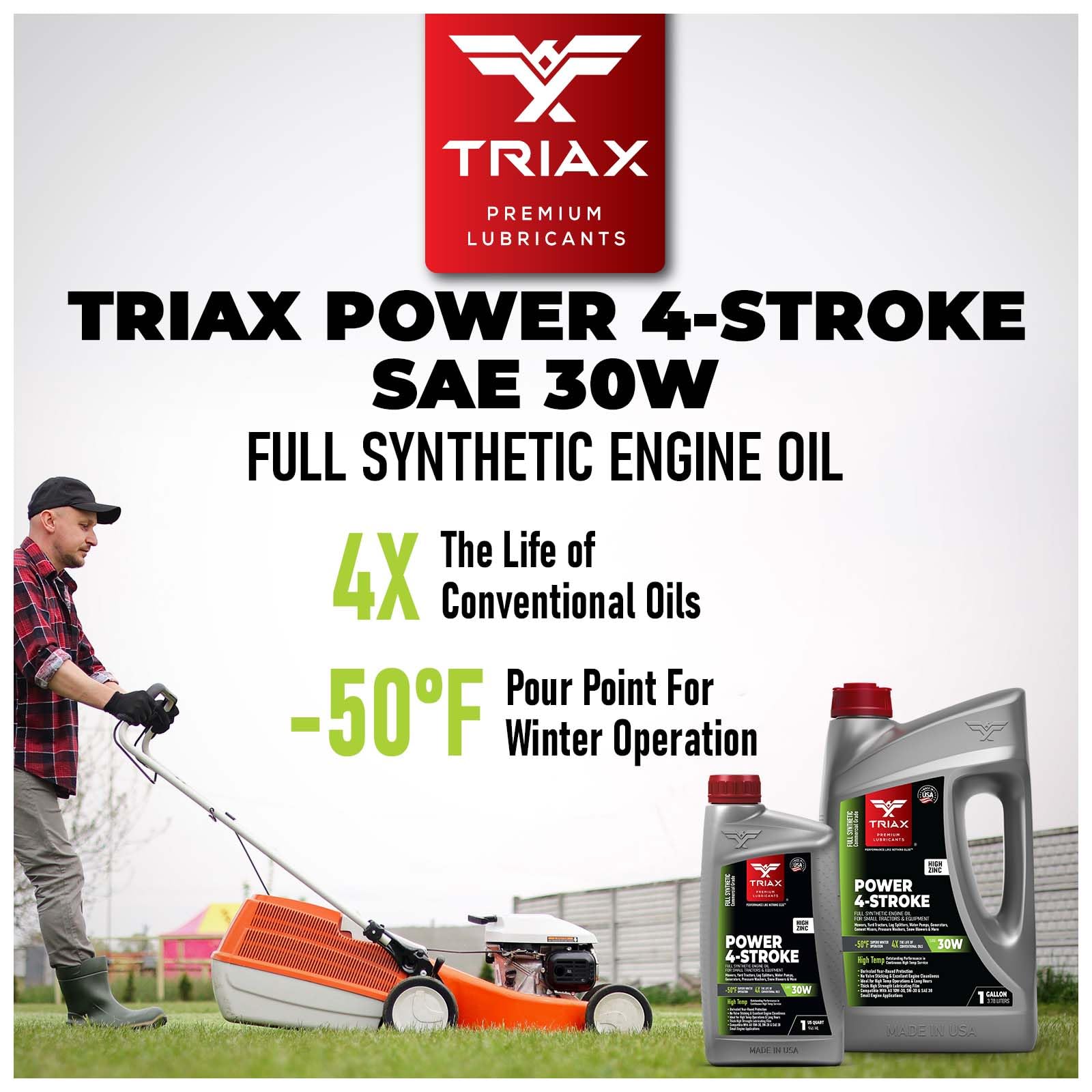 TRIAX Power 4-Stroke SAE 30 Vollsynthetisches Motoröl für Gartentraktoren, Rasenmäher, Rasentraktoren, Stromerzeuger, Schneefräsen und andere Ausstattung mit 4-Takt-Motor (1 Gallone/3.78 l)