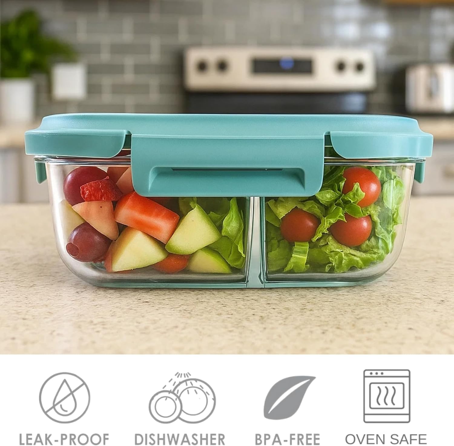 Neoflam 12-Pieces Airtight Kitchen 2 Compartment Storage, Oval Bento Glass Food Container with Vent, Microwave Meal Prep Canister, Dishwasher and Oven Safe (37 oz / 1.1 Liter / 4.6 cups)