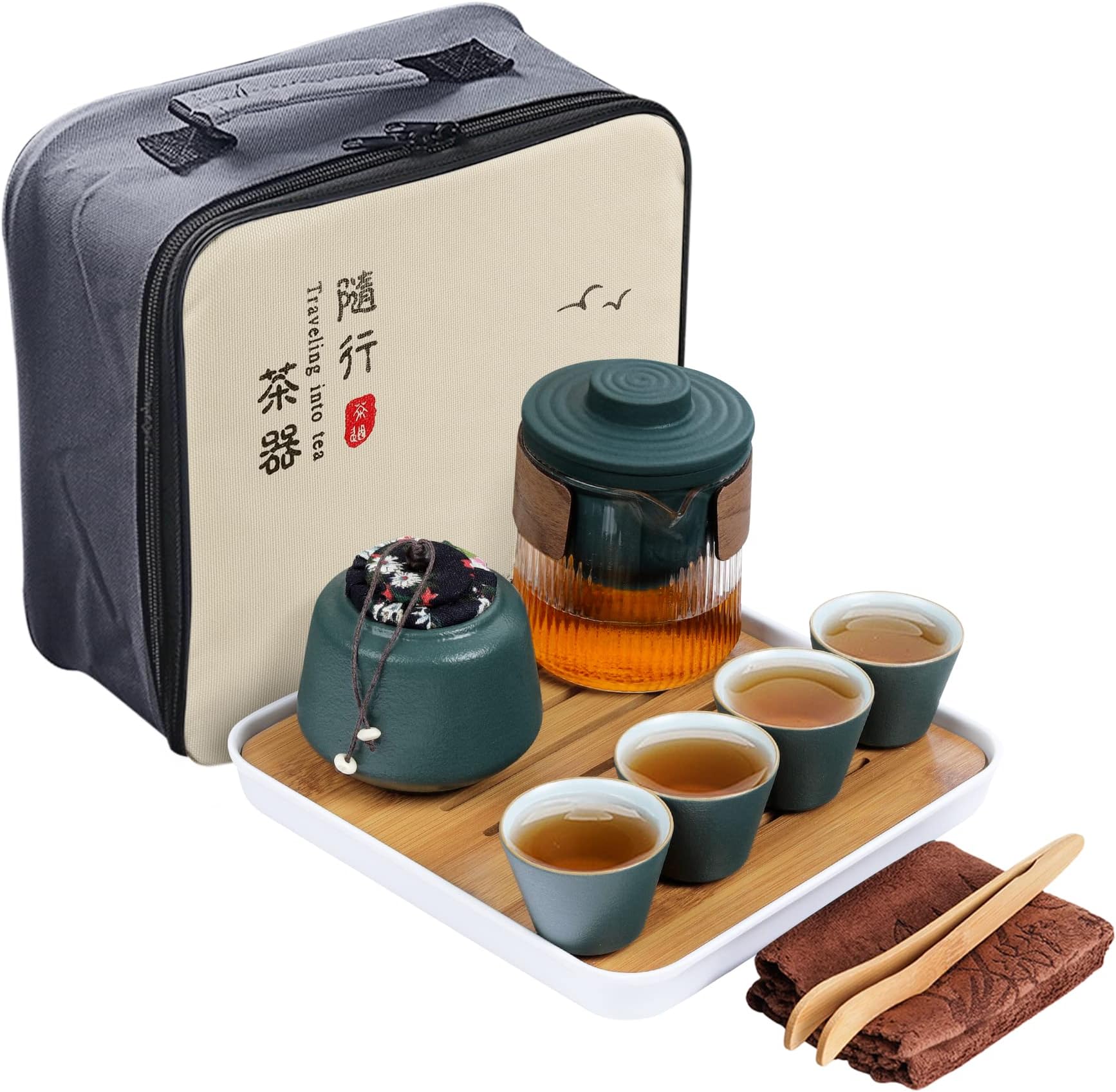 fanquare Chinese Green Ceramic Kungfu Tea Set, Japanese Travel Tea Set with Tray, Portable Bag, Glass Teapot with Tea cups