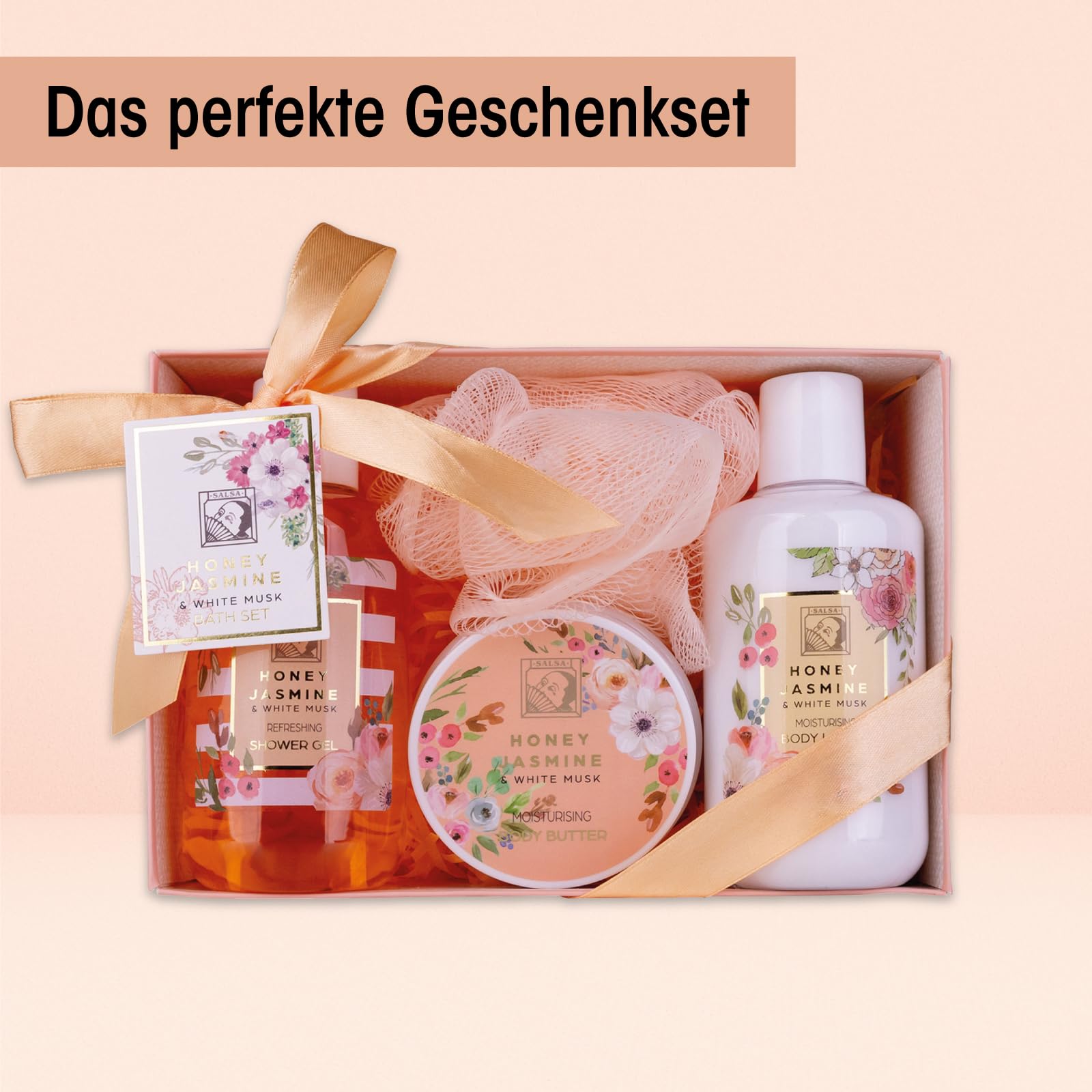Accentra Zestaw prysznicowy dla kobiet HONEY Jasmin w pięknym pudełku prezentowym – 4-częściowy zestaw do pielęgnacji z żelem pod prysznic, balsamem do ciała, masłem do ciała i gąbką z siatki – zestaw